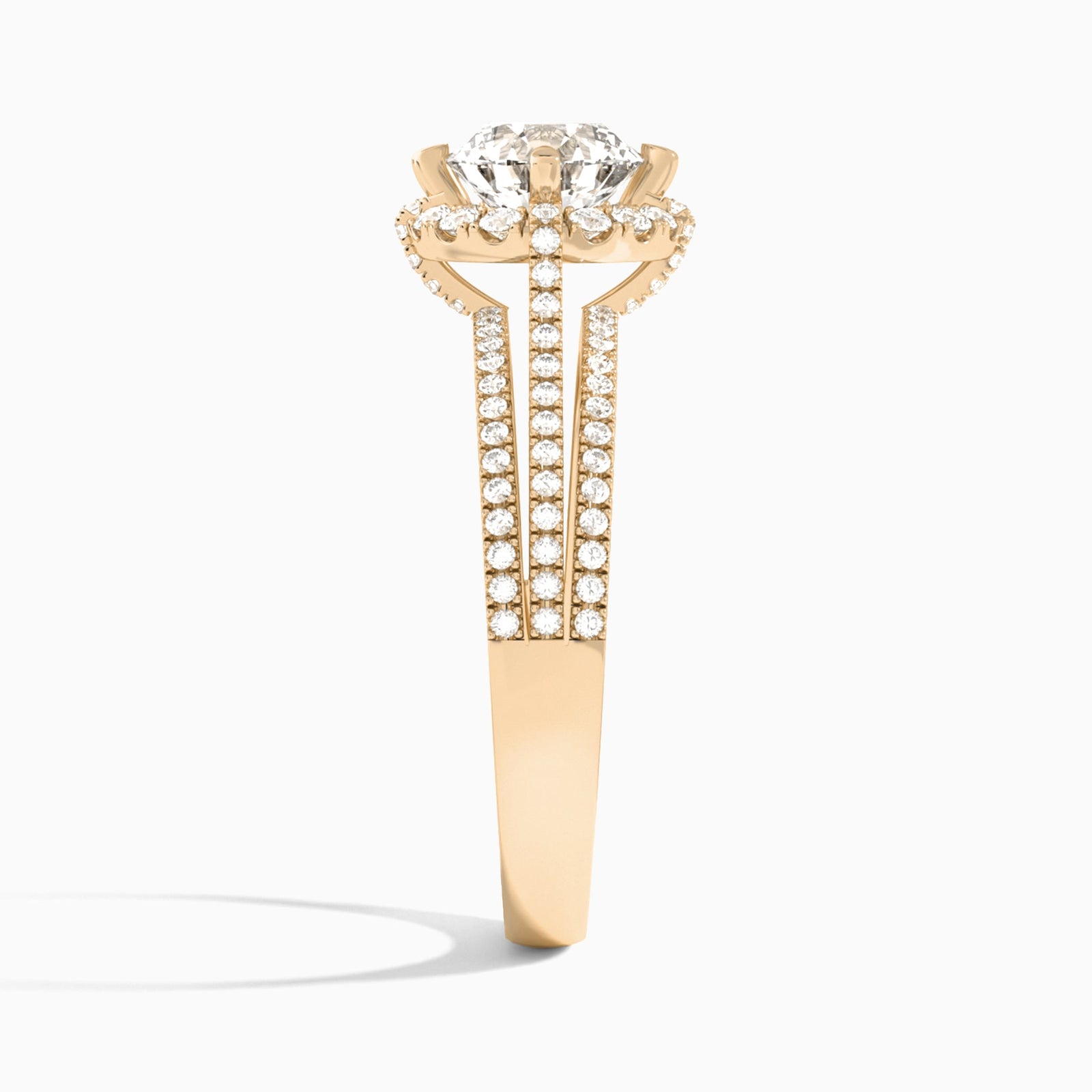 Round Split Shank Halo Lab Grown Diamond Engagement Ring In 14K Rose Gold, Side View