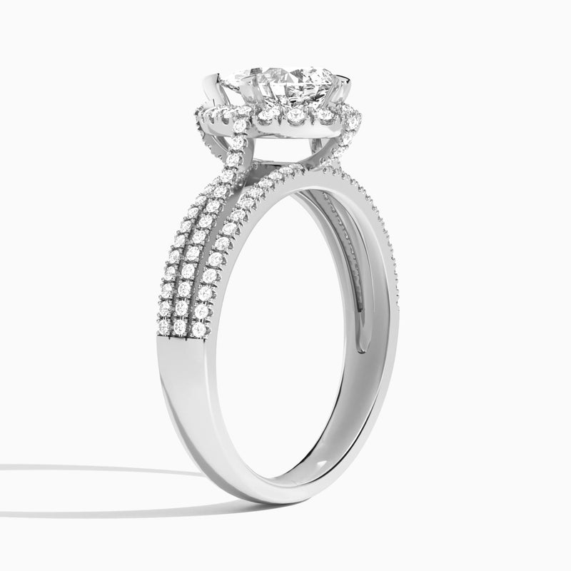Pear Split Shank Halo Lab Grown Diamond Engagement Ring In 18K White Gold, Angle View