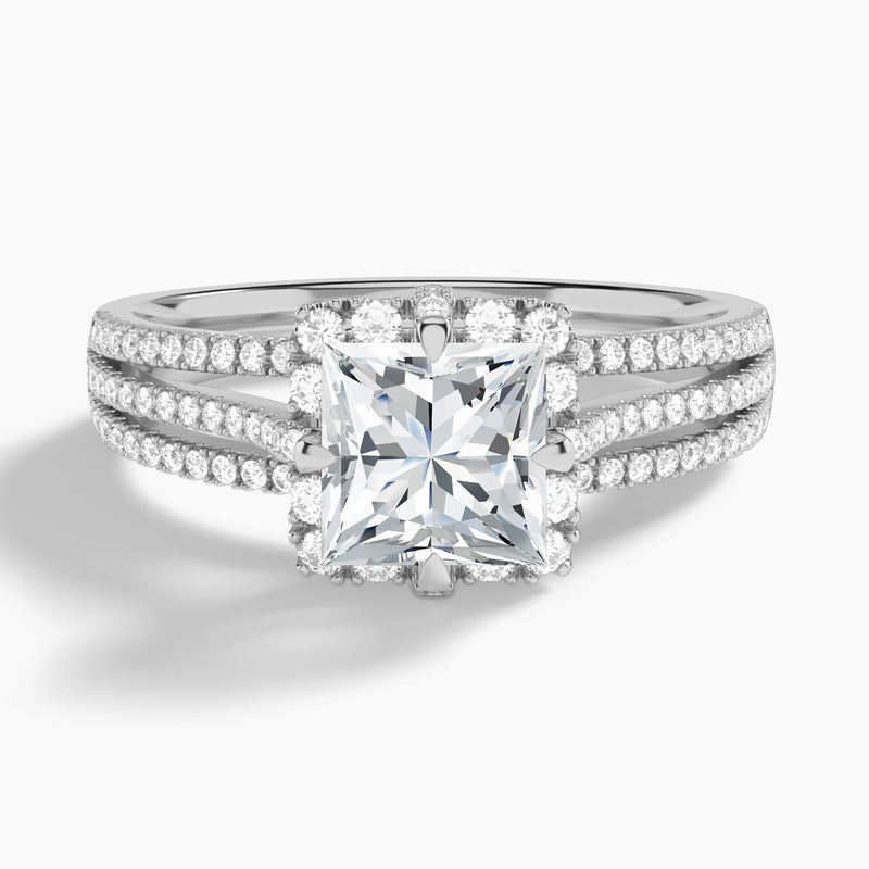 Princess Split Shank Halo Lab Grown Diamond Engagement Ring In 18K White Gold - Lucenjuri