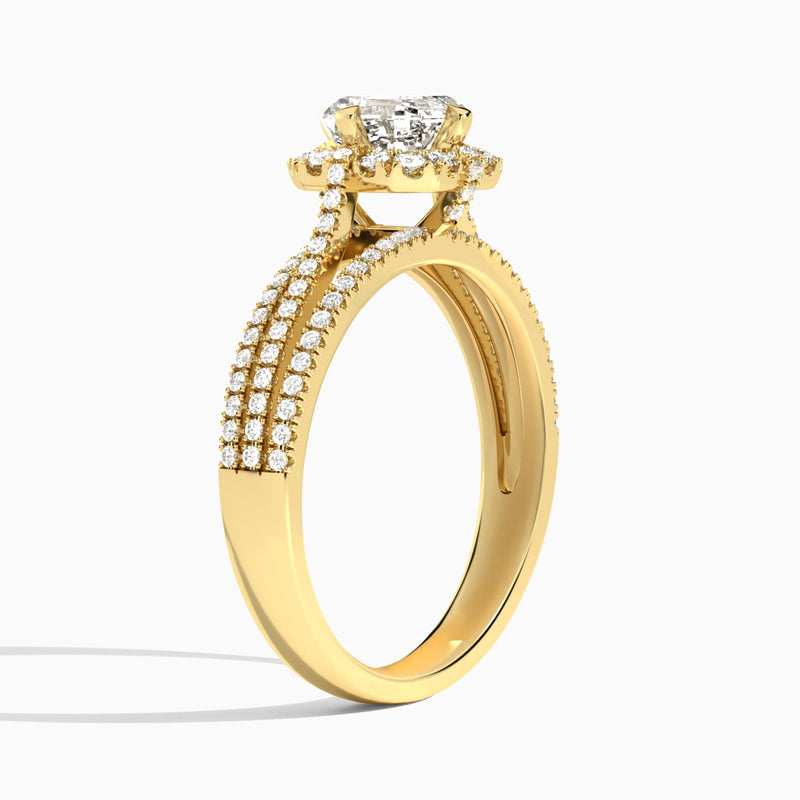 Asscher Split Shank Halo Lab Grown Diamond Engagement Ring In 18K Yellow Gold, Angle View