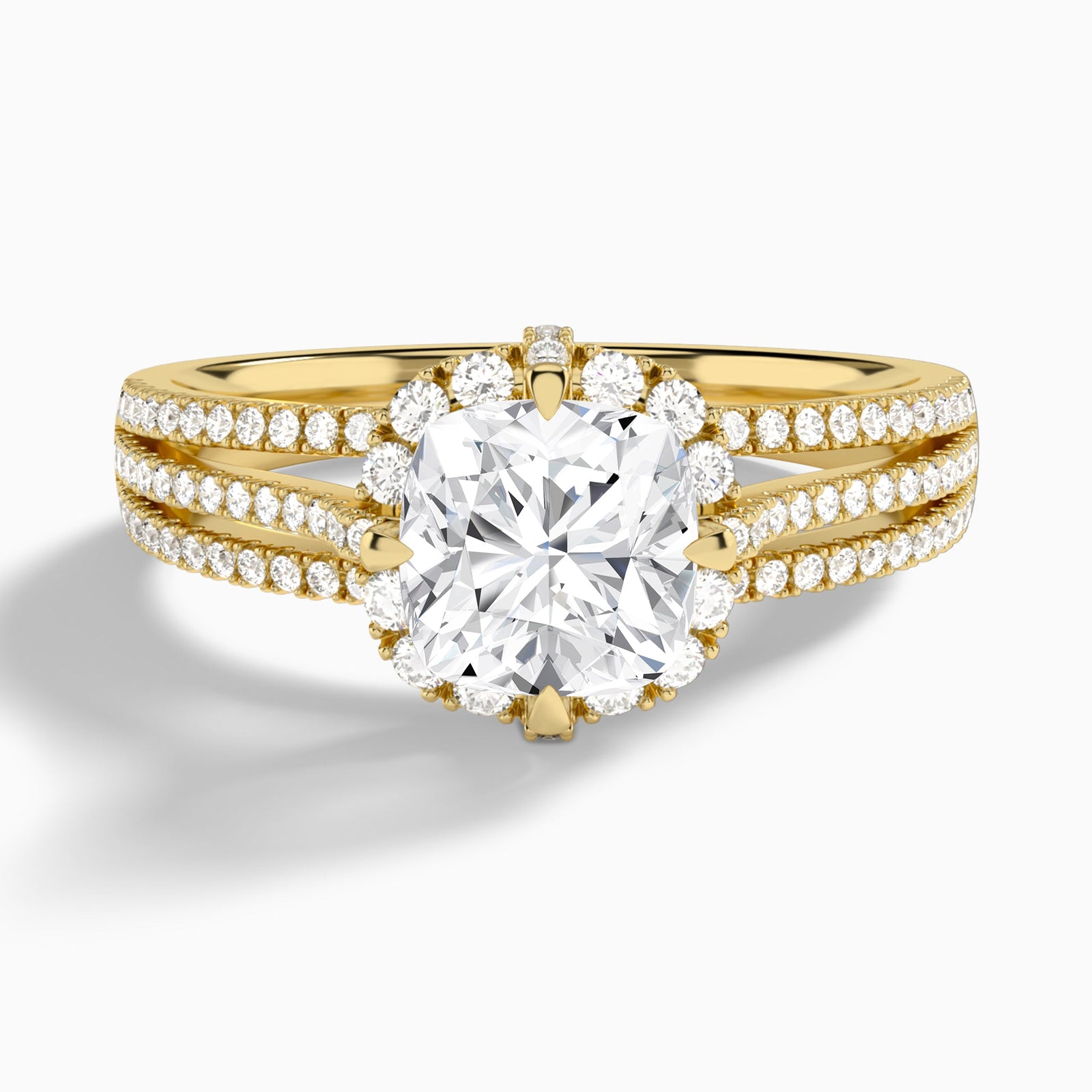 Cushion Split Shank Halo Lab Grown Diamond Engagement Ring In 14K Yellow Gold - Lucenjuri