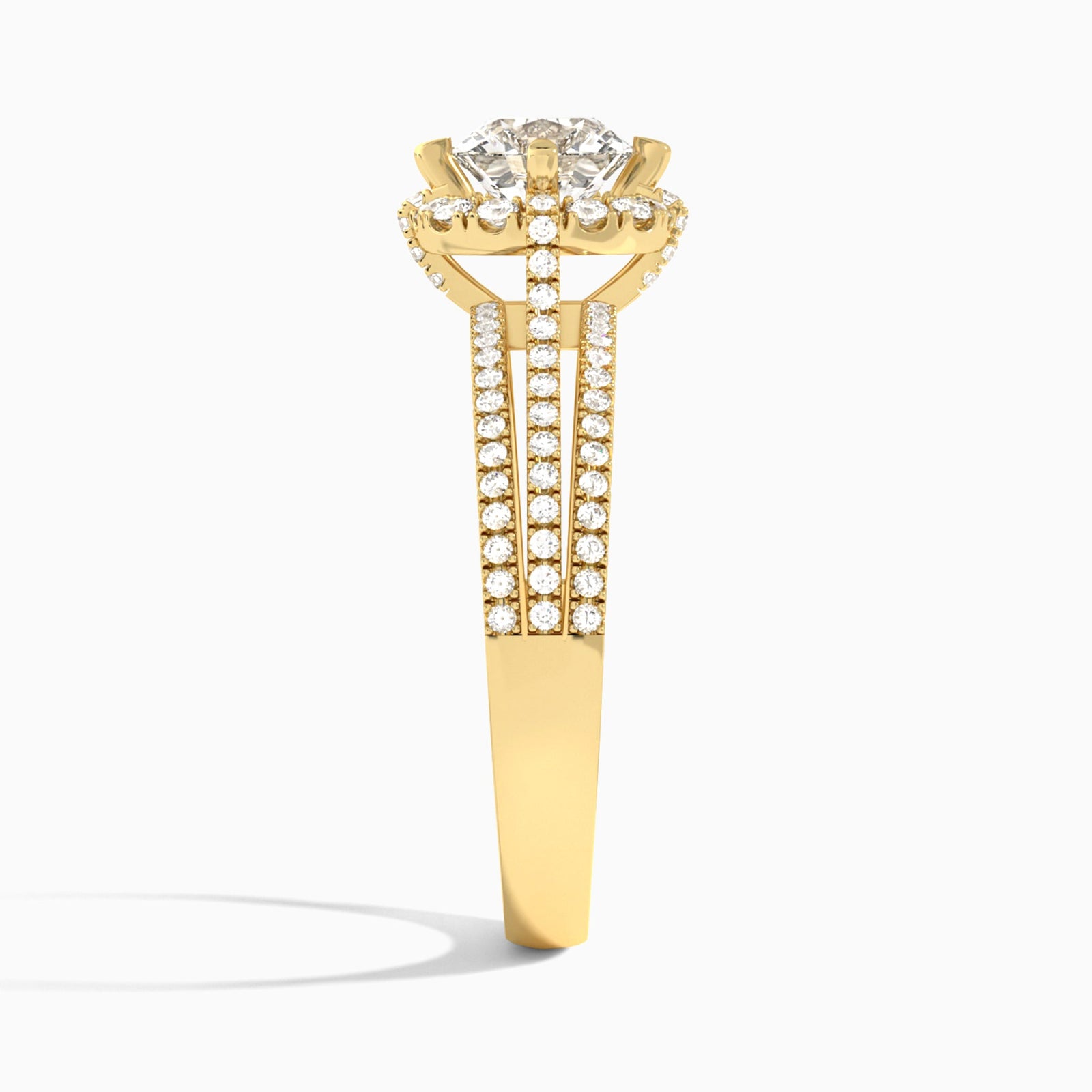 Cushion Split Shank Halo Lab Grown Diamond Engagement Ring In 14K Yellow Gold, Side View