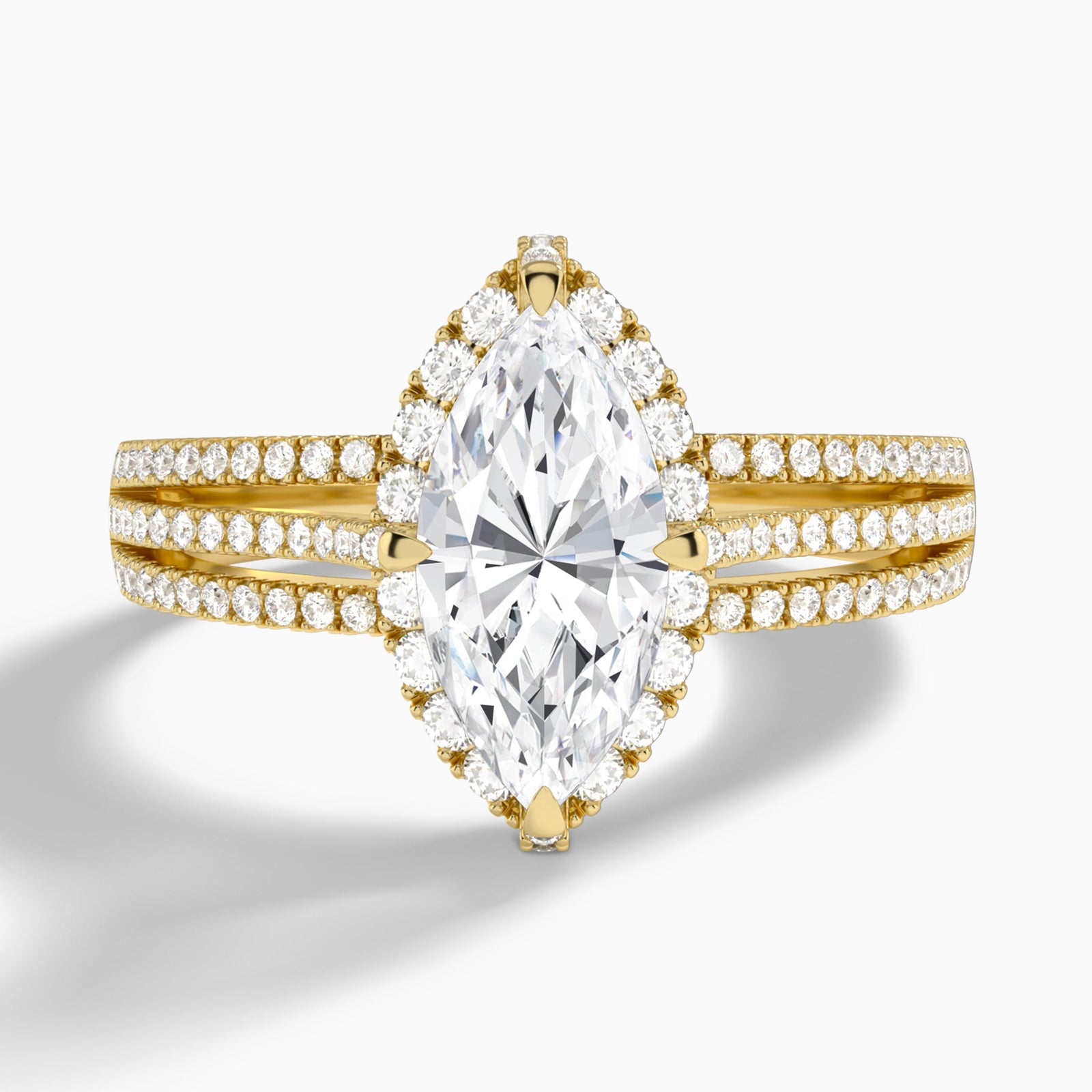 Marquise Split Shank Halo Lab Grown Diamond Engagement Ring In 14K Yellow Gold - Lucenjuri