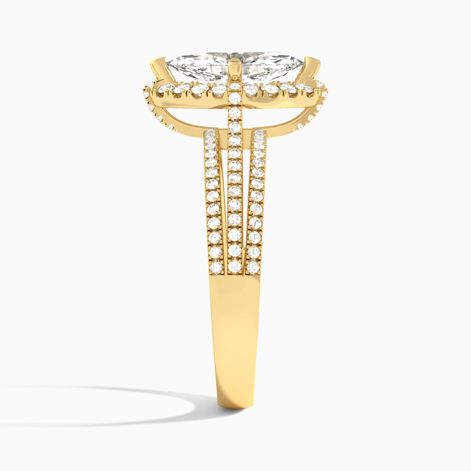 Marquise Split Shank Halo Lab Grown Diamond Engagement Ring In 14K Yellow Gold, Side View
