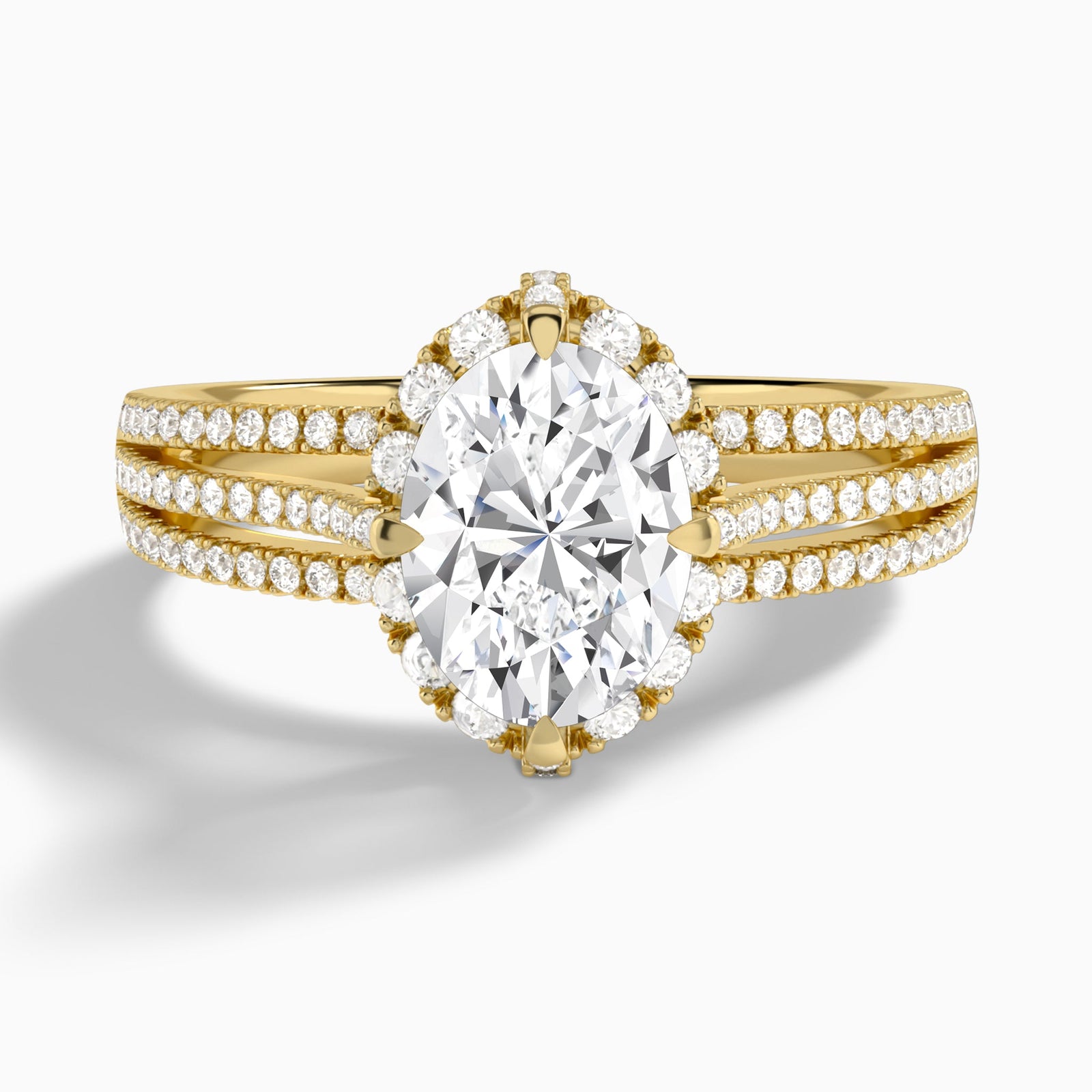 Oval Split Shank Halo Lab Grown Diamond Engagement Ring In 18K Yellow Gold - Lucenjuri