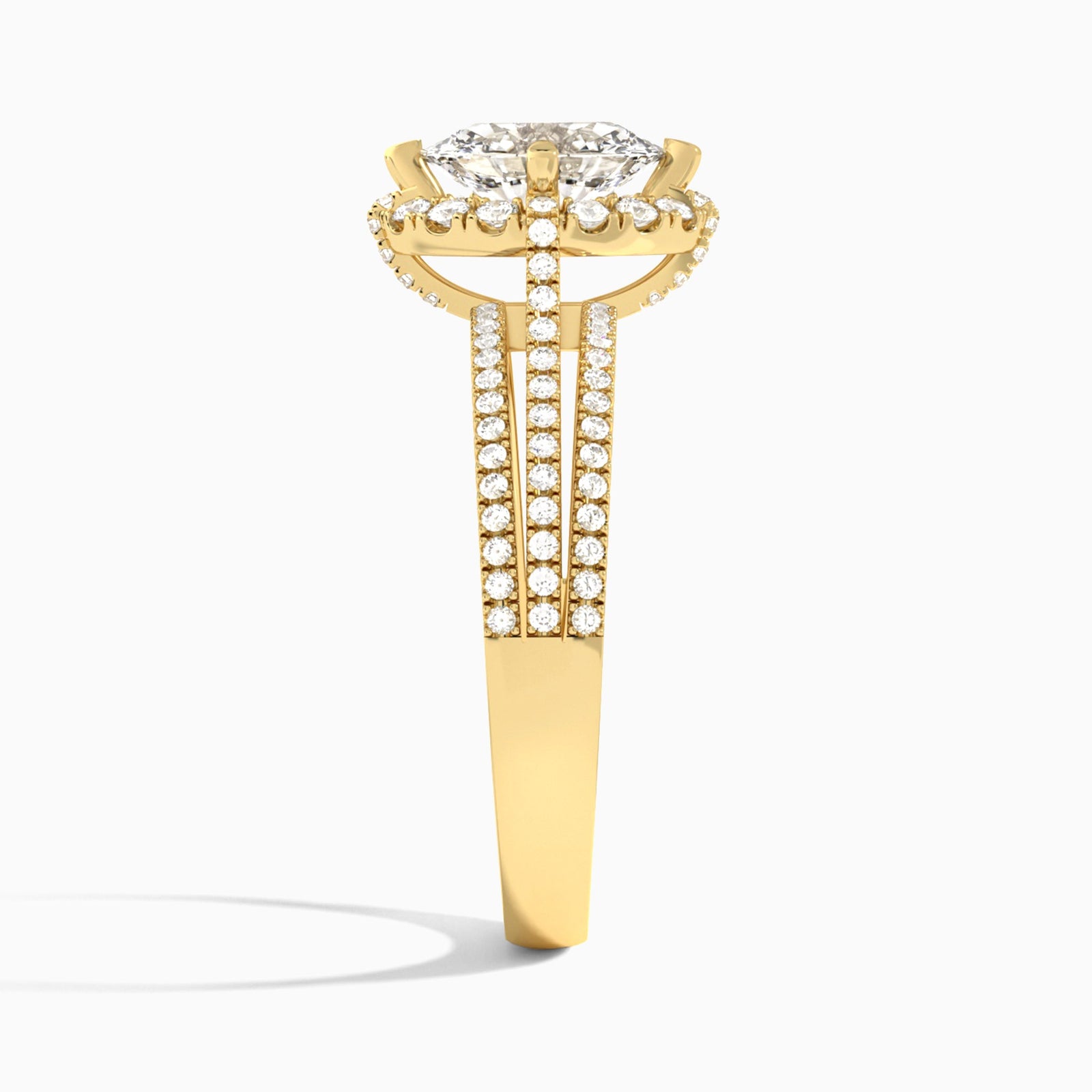 Oval Split Shank Halo Lab Grown Diamond Engagement Ring In 18K Yellow Gold, Side View