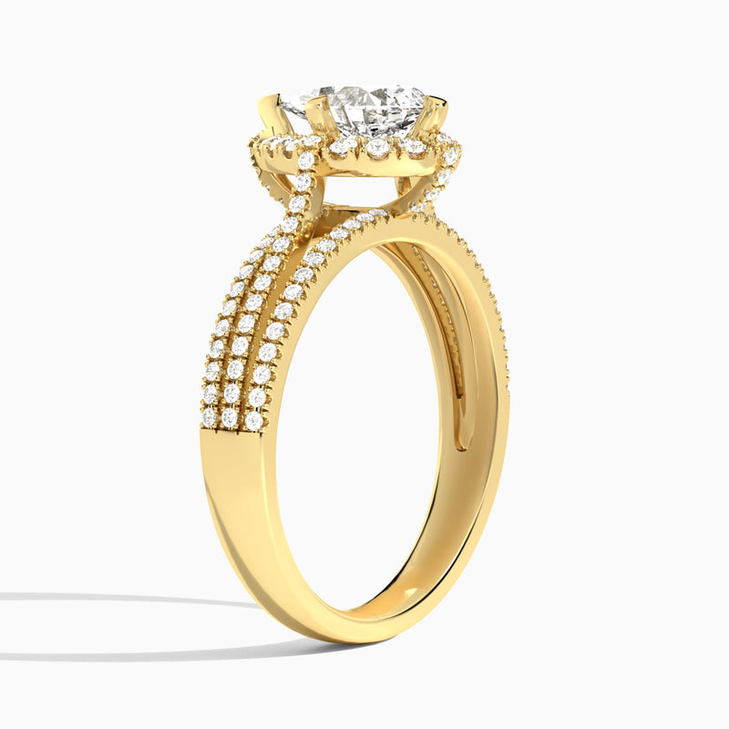 Pear Split Shank Halo Lab Grown Diamond Engagement Ring In 18K Yellow Gold, Angle View