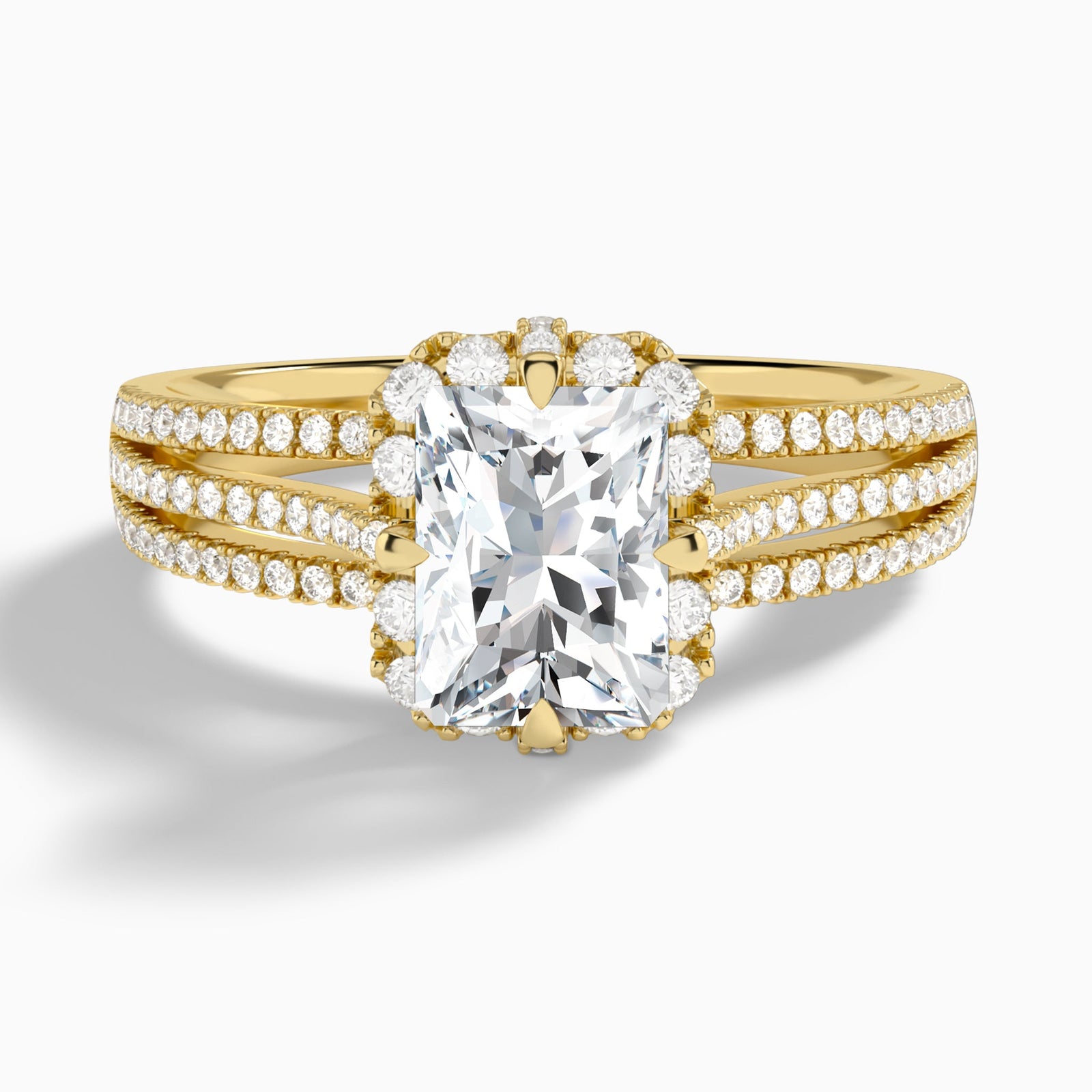 Radiant Split Shank Halo Lab Grown Diamond Engagement Ring In 18K Yellow Gold - Lucenjuri