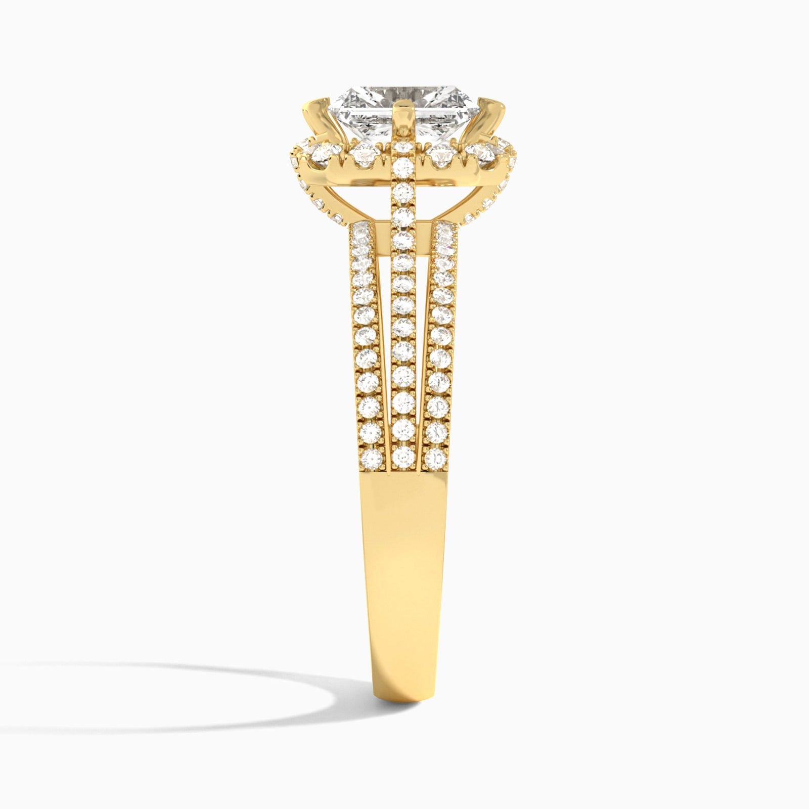 Radiant Split Shank Halo Lab Grown Diamond Engagement Ring In 18K Yellow Gold, Side View