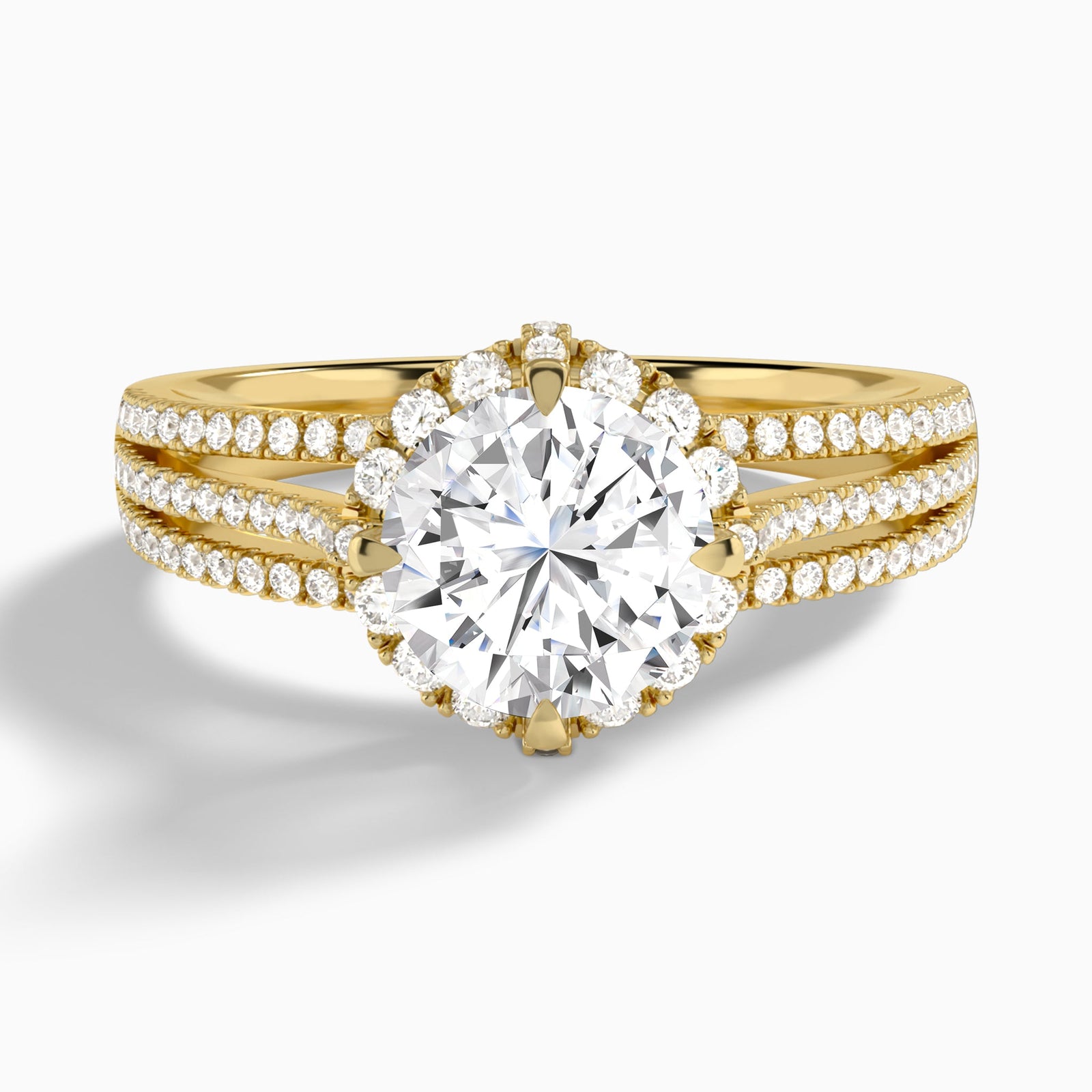 Round Split Shank Halo Lab Grown Diamond Engagement Ring In 14K Yellow Gold - Lucenjuri