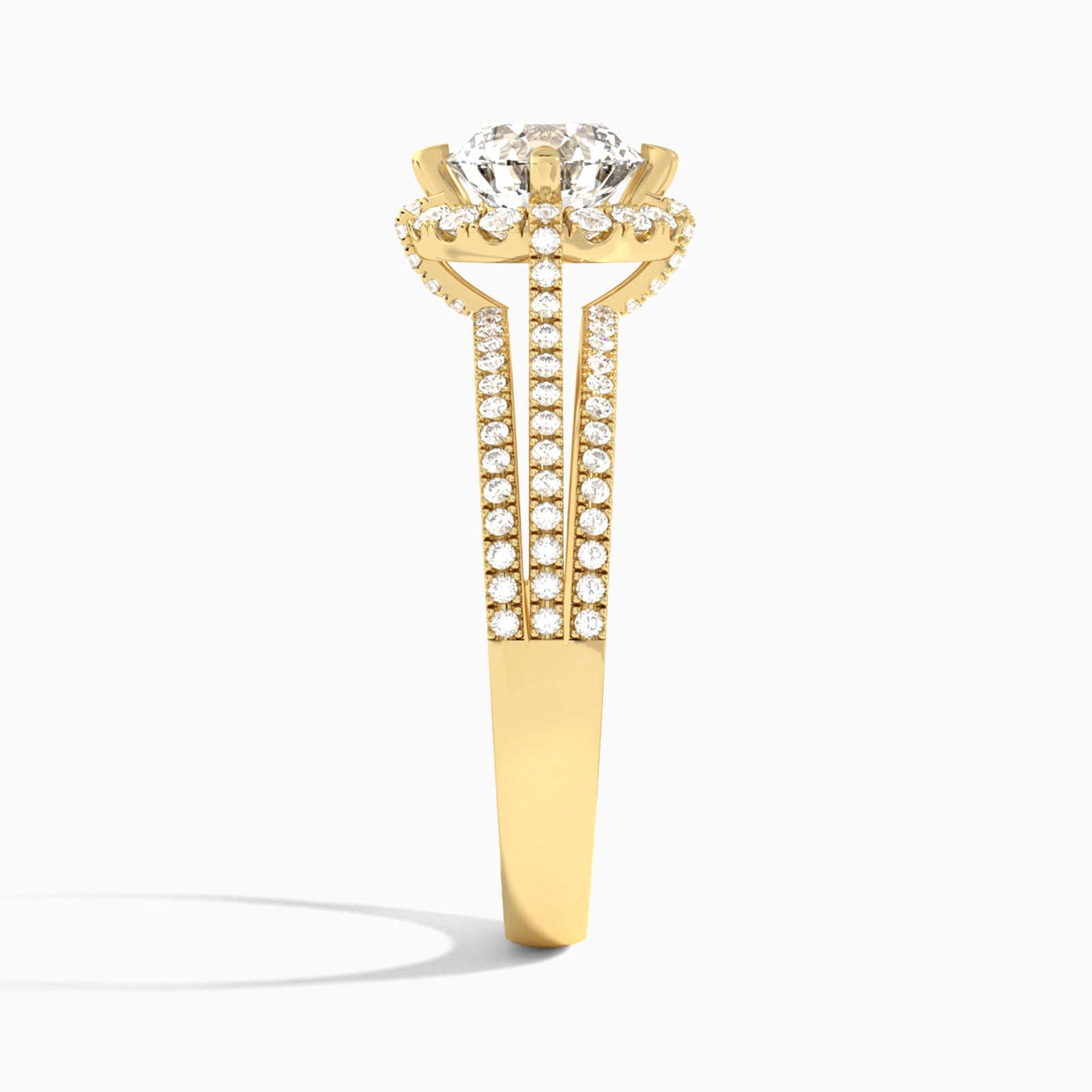Round Split Shank Halo Lab Grown Diamond Engagement Ring In 18K Yellow Gold, Side View
