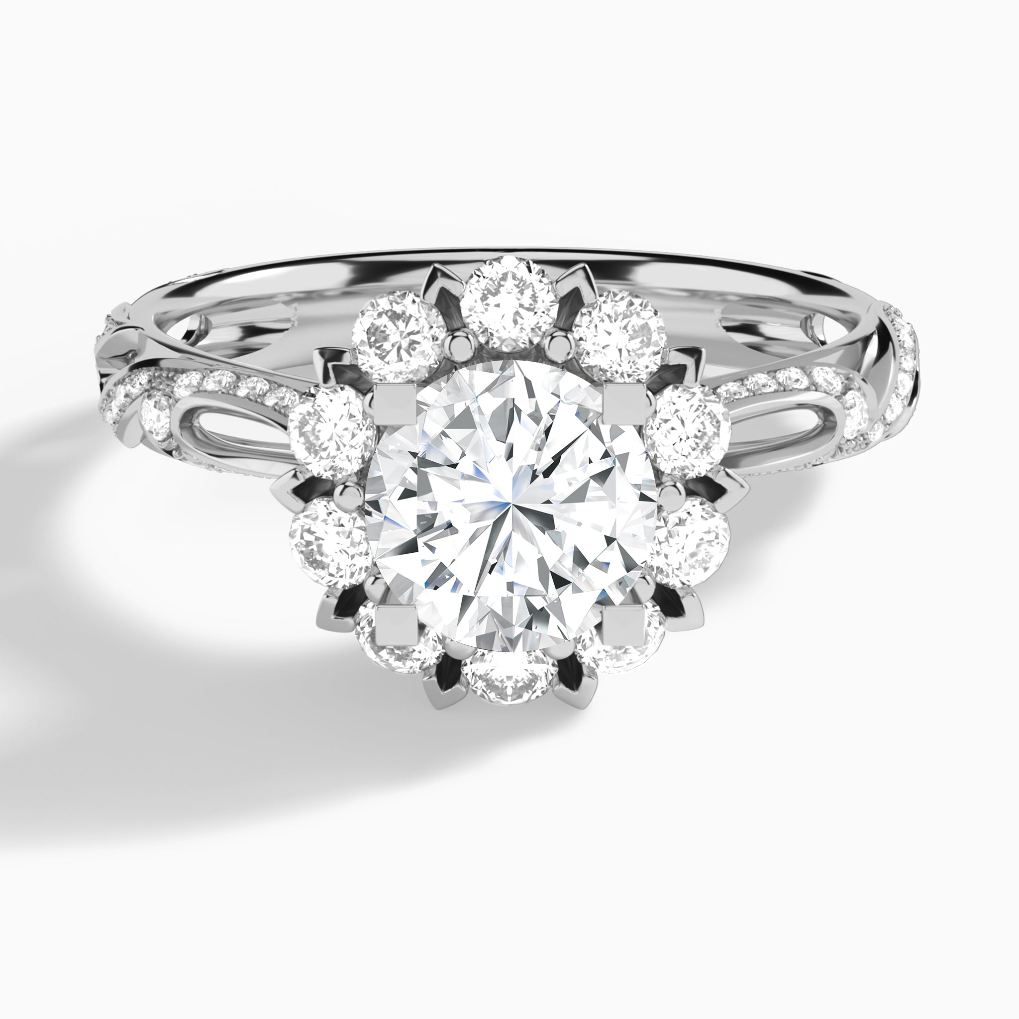 Round Majestic Bloom Lab Diamond Engagement Ring In 14K White Gold - Lucenjuri