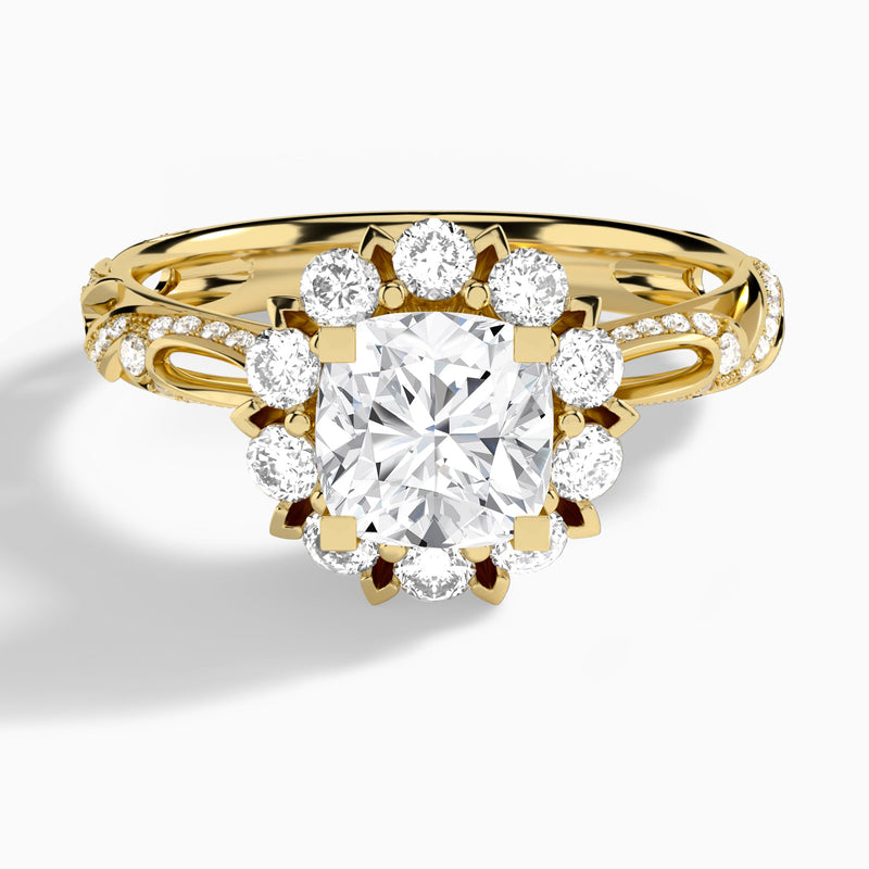Cushion Majestic Bloom Lab Diamond Engagement Ring In 14K Yellow Gold - Lucenjuri