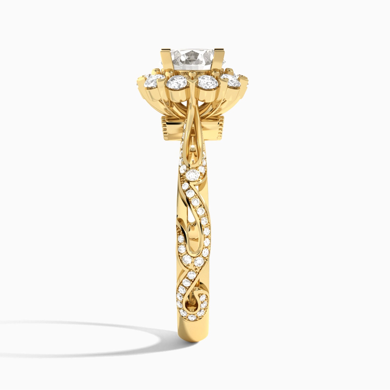 Round Majestic Bloom Lab Diamond Engagement Ring In 18K Yellow Gold, Side View