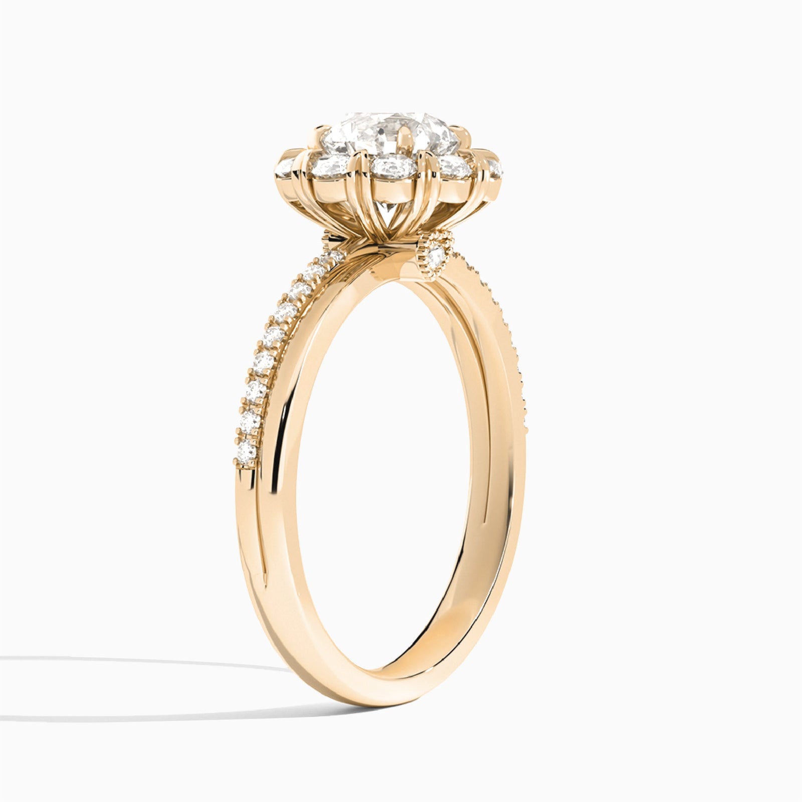 Round Luxe Halo Lab Grown Diamond Engagement Ring In 14K Rose Gold, Angle View
