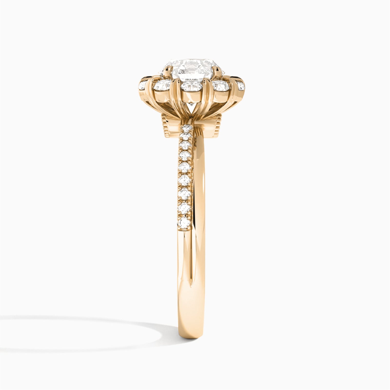 Round Luxe Halo Lab Grown Diamond Engagement Ring In 14K Rose Gold, Side View