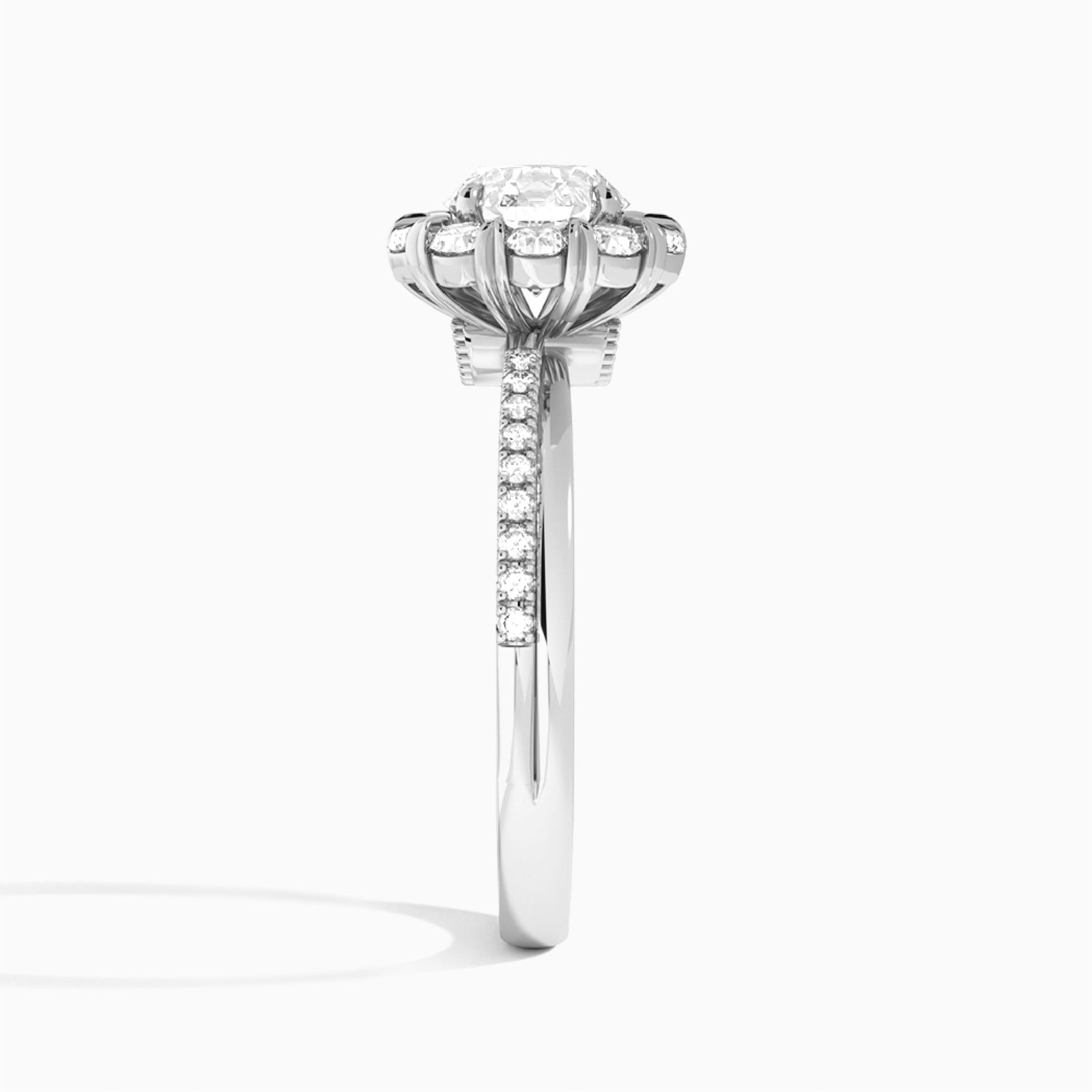 Round Luxe Halo Lab Grown Diamond Engagement Ring In 18K White Gold, Side View