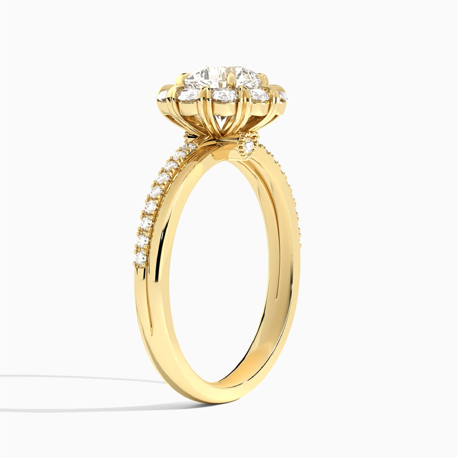Cushion Luxe Halo Lab Grown Diamond Engagement Ring In 14K Yellow Gold, Angle View