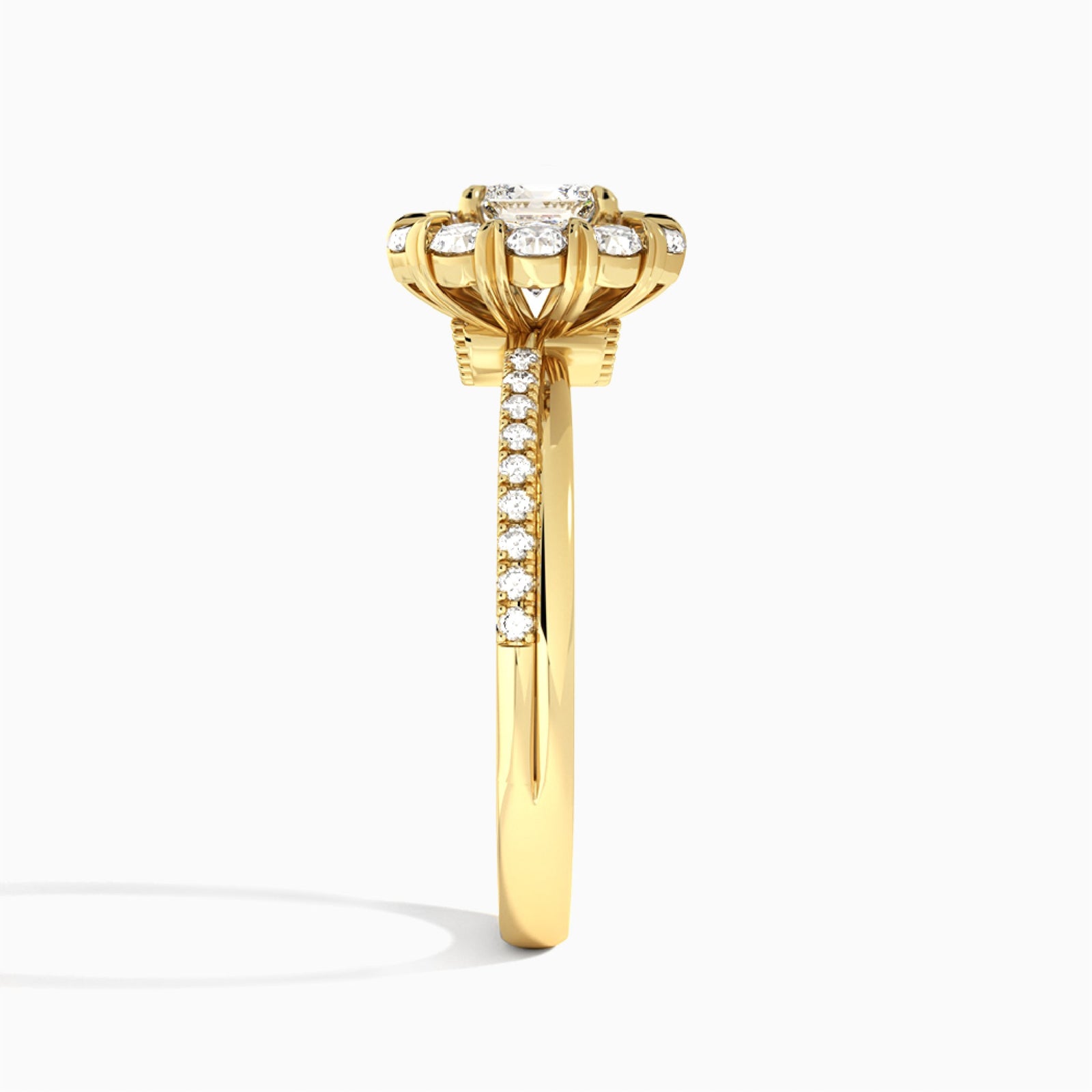 Cushion Luxe Halo Lab Grown Diamond Engagement Ring In 14K Yellow Gold, Side View