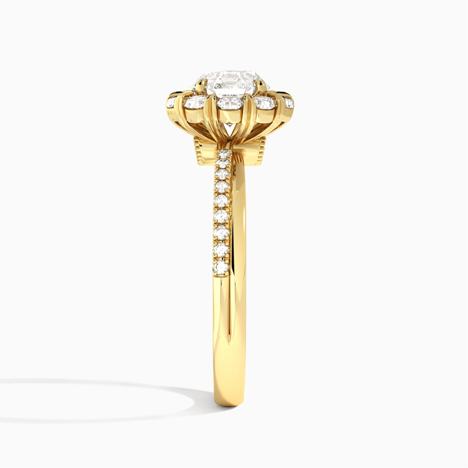 Round Luxe Halo Lab Grown Diamond Engagement Ring In 18K Yellow Gold, Side View