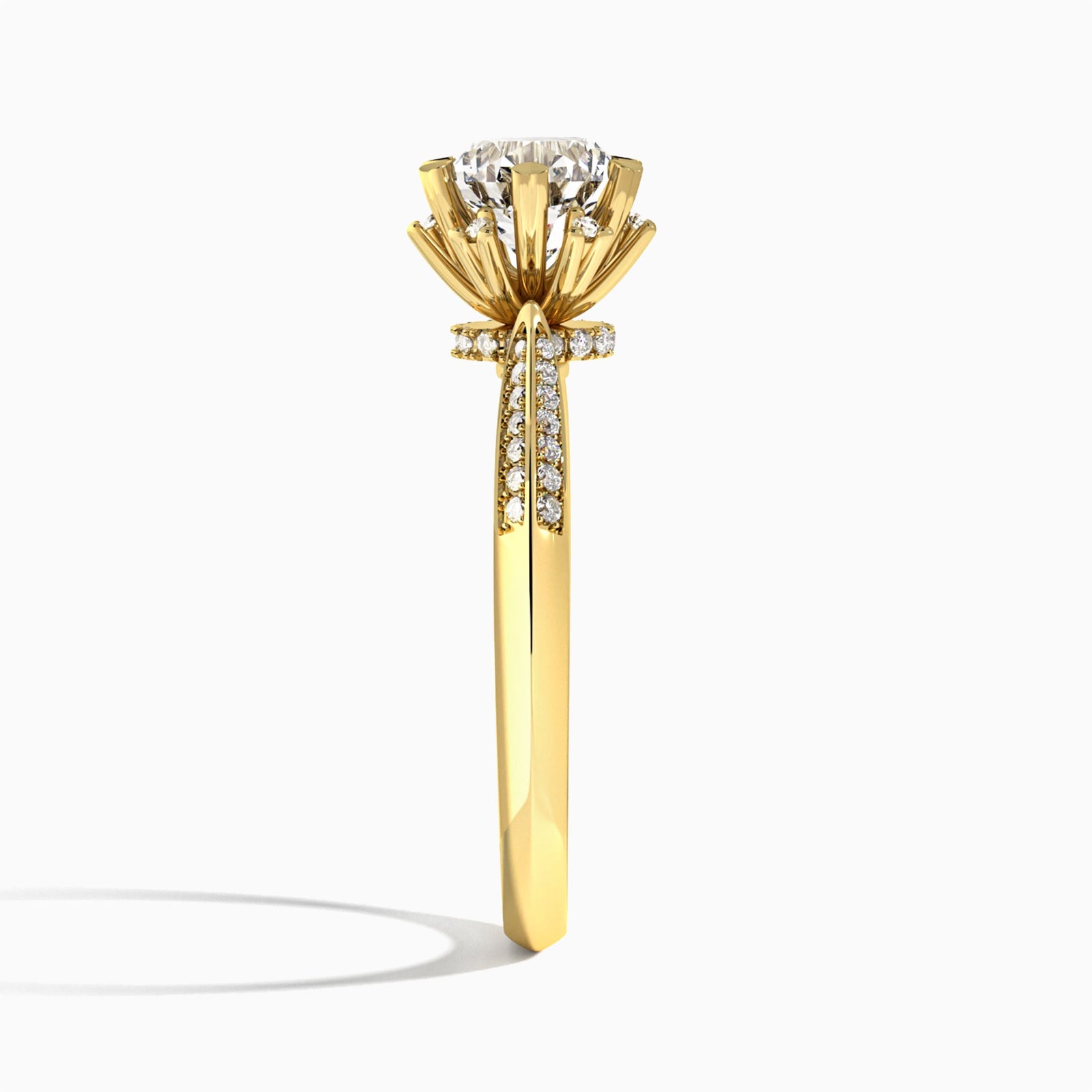 Round Accented Knife-Edge Lab Diamond Engagement Ring In 14K Yellow Gold, Side View