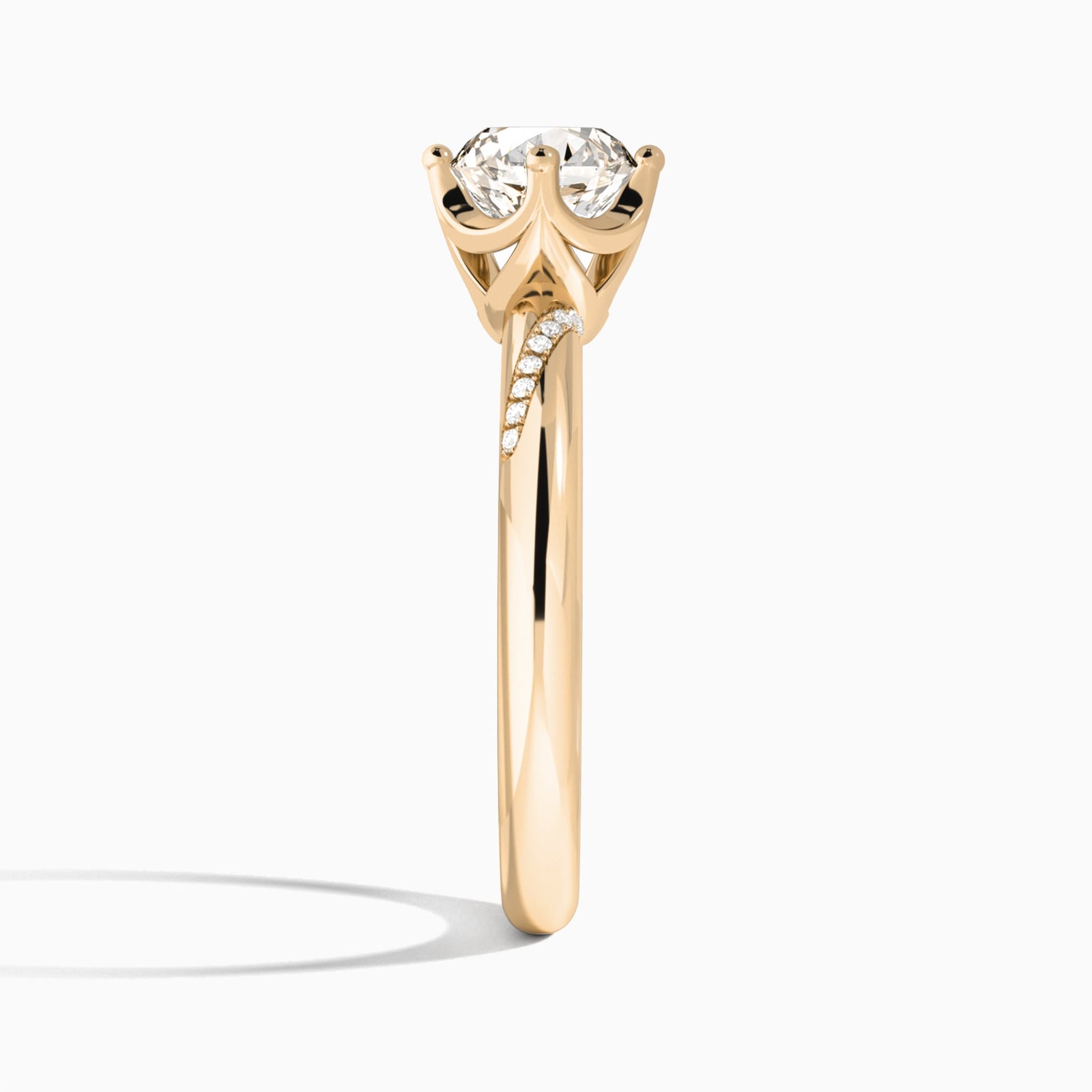 Round Accented Petal Four-Prong Lab Diamond Engagement Ring In 14K Rose Gold, Side View
