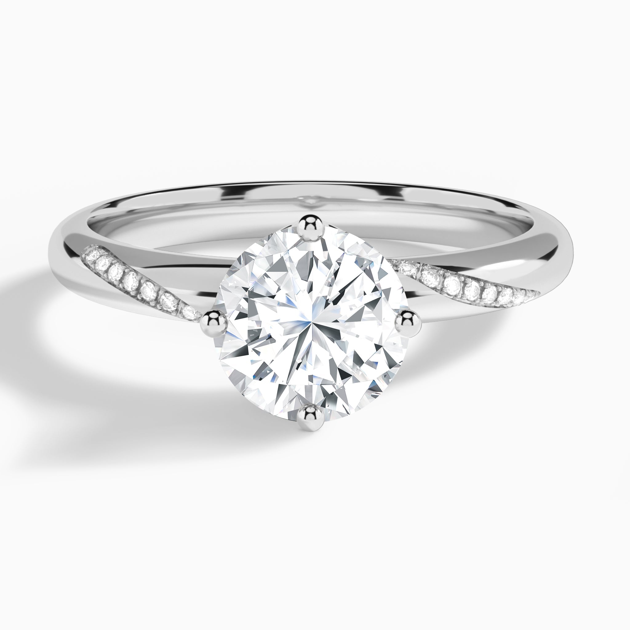Round Accented Petal Four-Prong Lab Diamond Engagement Ring In 14K White Gold - Lucenjuri