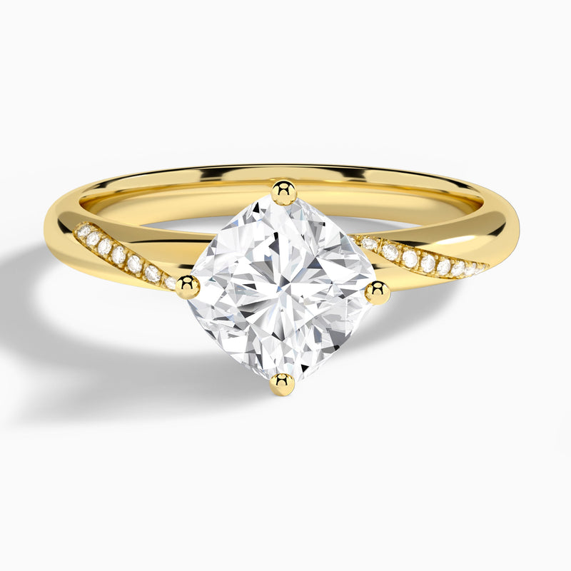 Cushion Accented Petal Four-Prong Lab Diamond Engagement Ring In 14K Yellow Gold - Lucenjuri