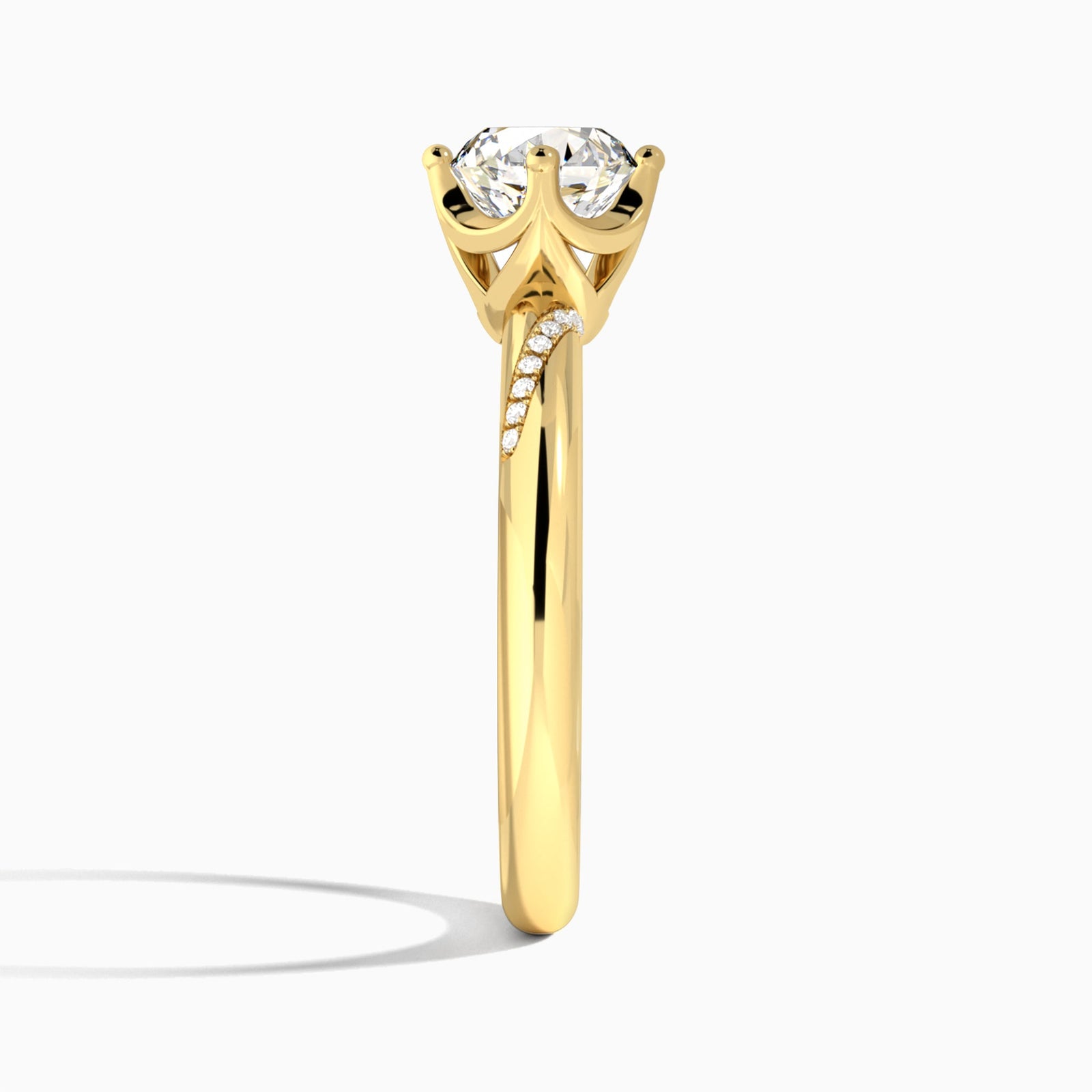 Round Accented Petal Four-Prong Lab Diamond Engagement Ring In 14K Yellow Gold, Side View