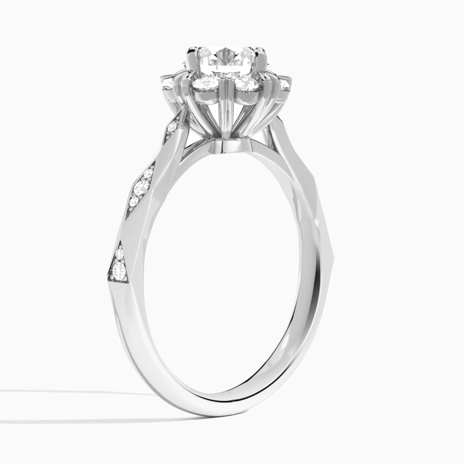 Round Adorned Faceted Lab Grown Diamond Engagement Ring In Platinum, Angle View