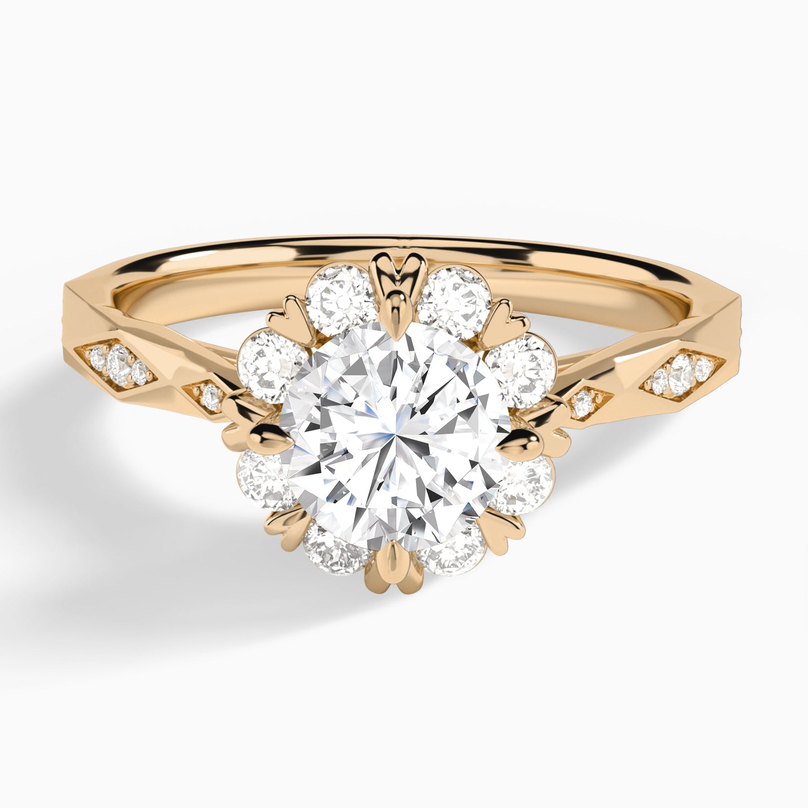 Round Adorned Faceted Lab Diamond Engagement Ring In 14K Rose Gold - Lucenjuri