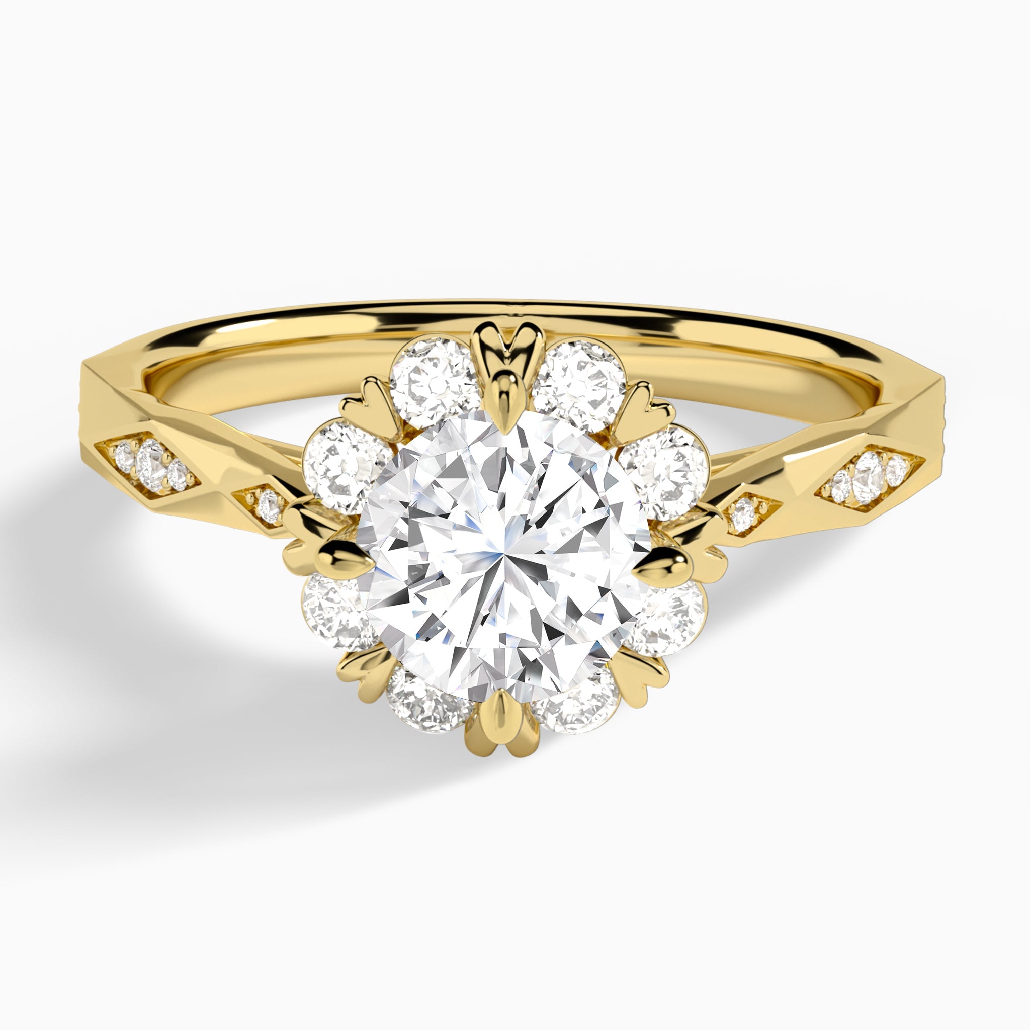 Round Adorned Faceted Lab Diamond Engagement Ring In 14K Yellow Gold - Lucenjuri
