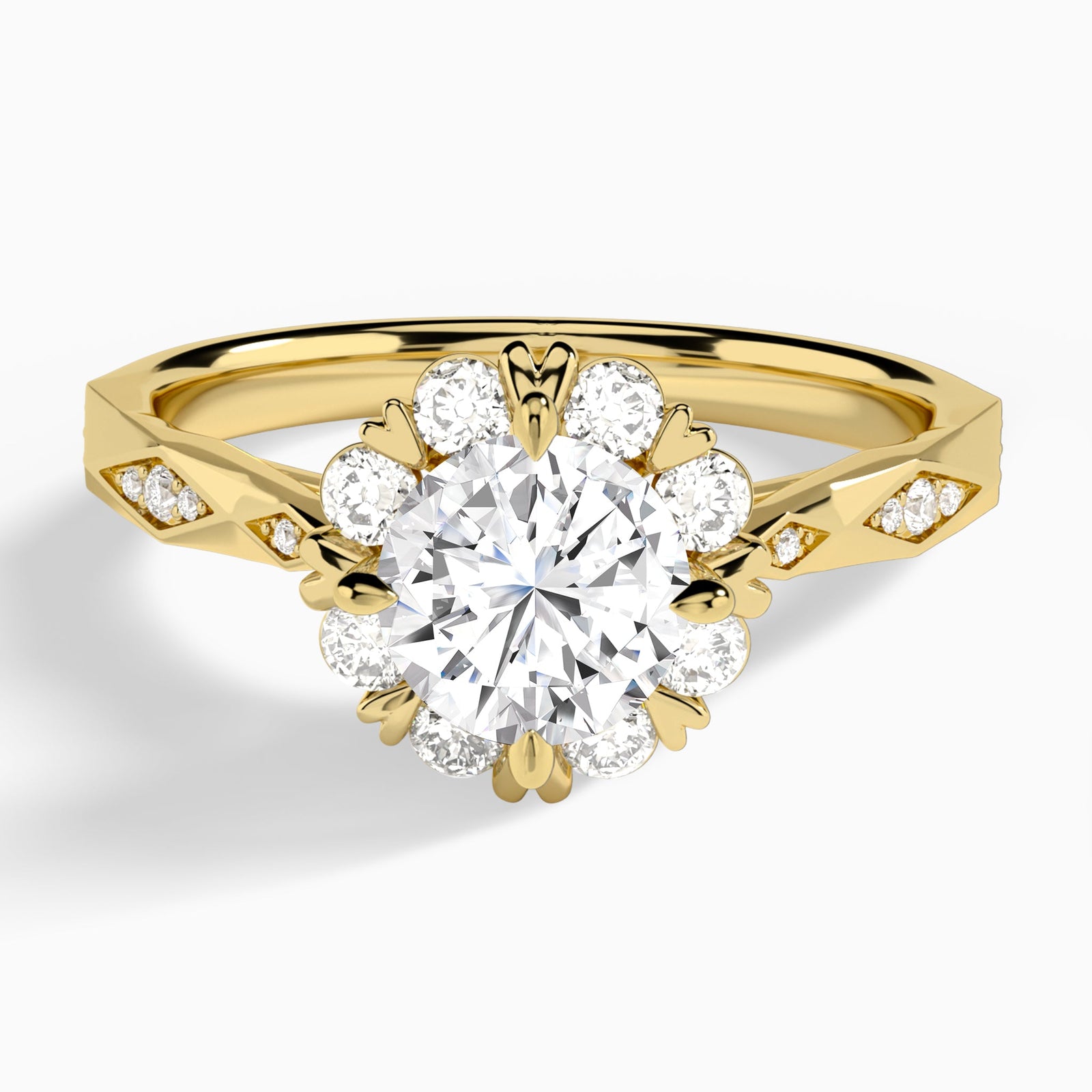 Round Adorned Faceted Lab Diamond Engagement Ring In 18K Yellow Gold - Lucenjuri