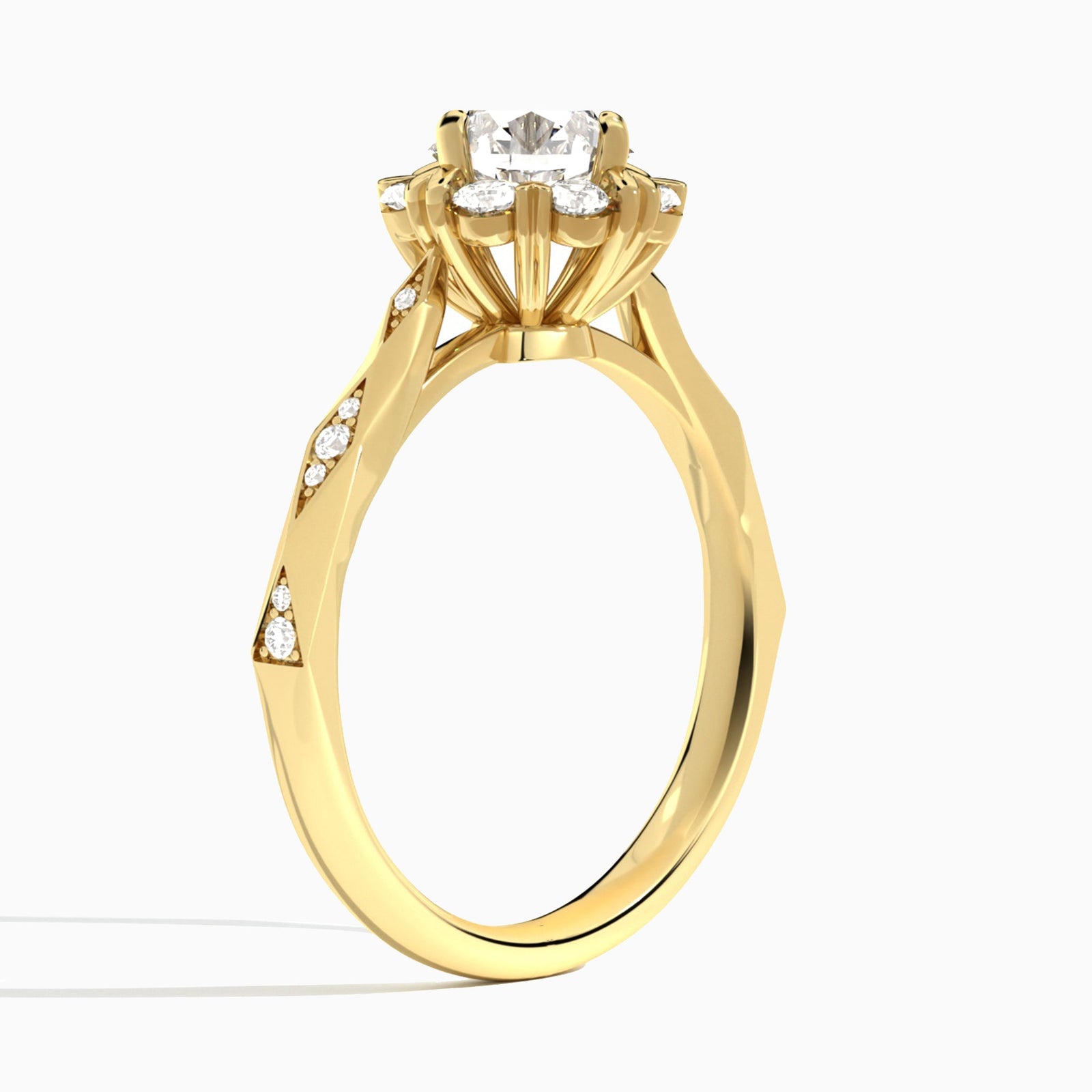 Round Adorned Faceted Lab Diamond Engagement Ring In 18K Yellow Gold, Angle View