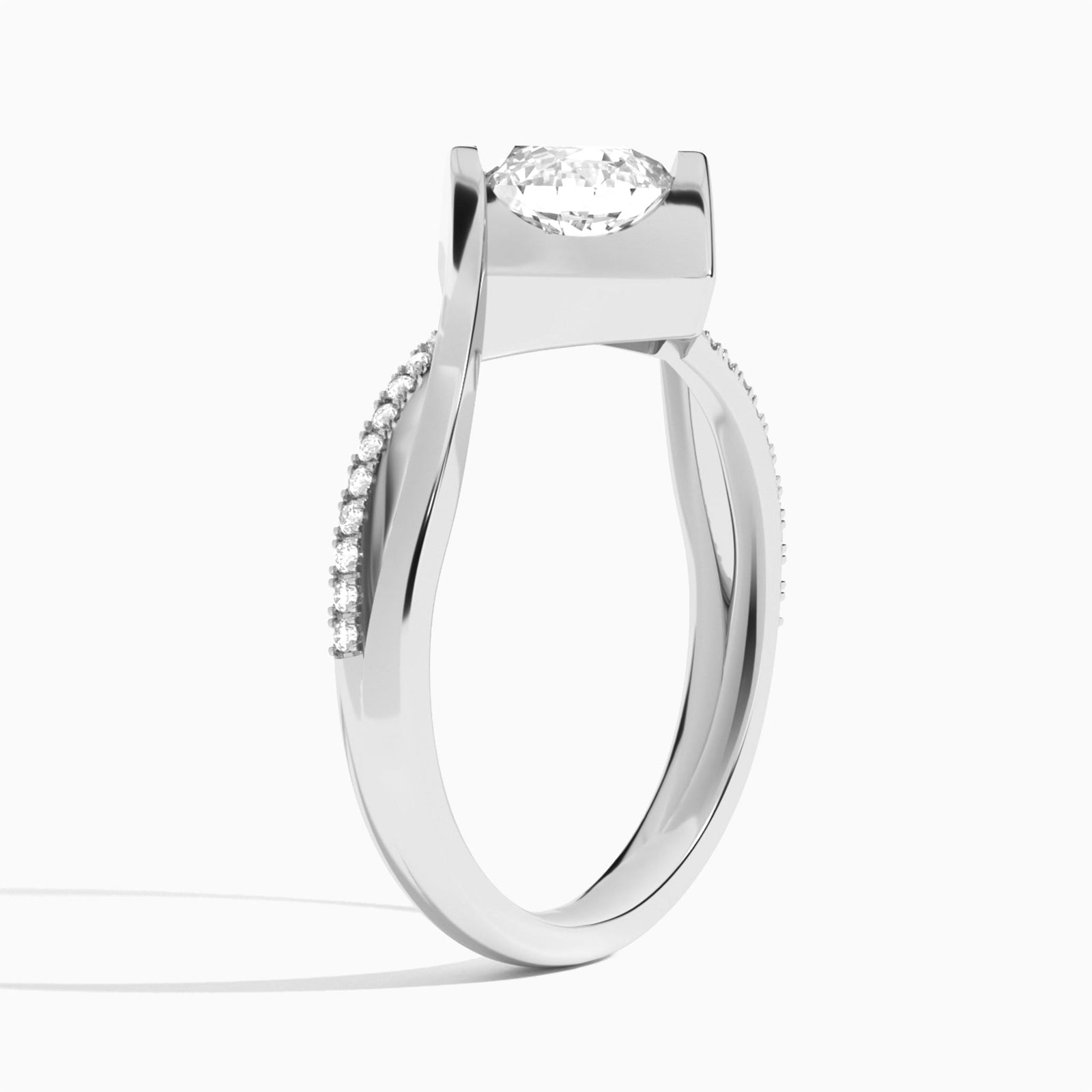 Round Twirled Embrace Lab Diamond Engagement Ring In 18K White Gold, Angle View