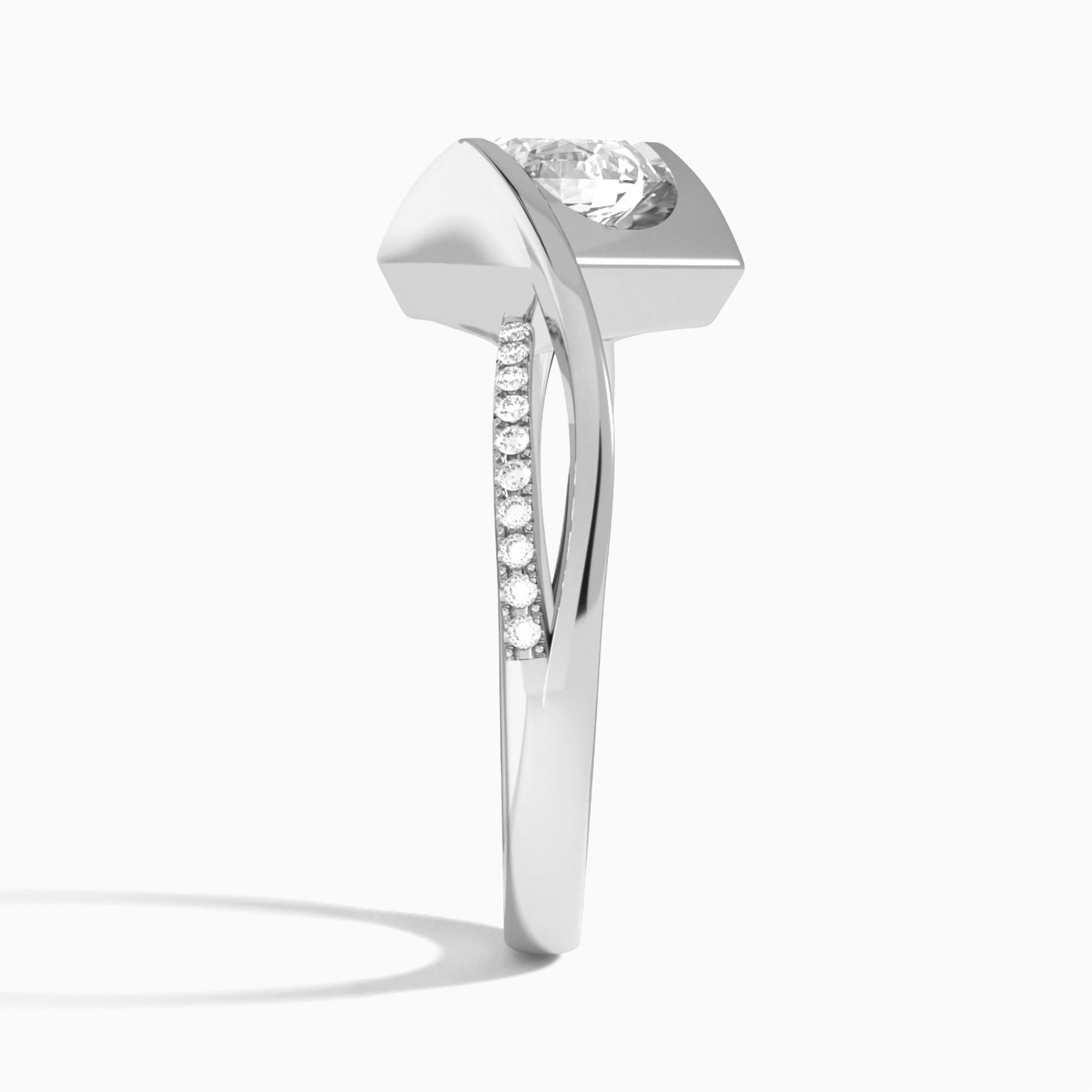 Round Twirled Embrace Lab Diamond Engagement Ring In 18K White Gold, Side View