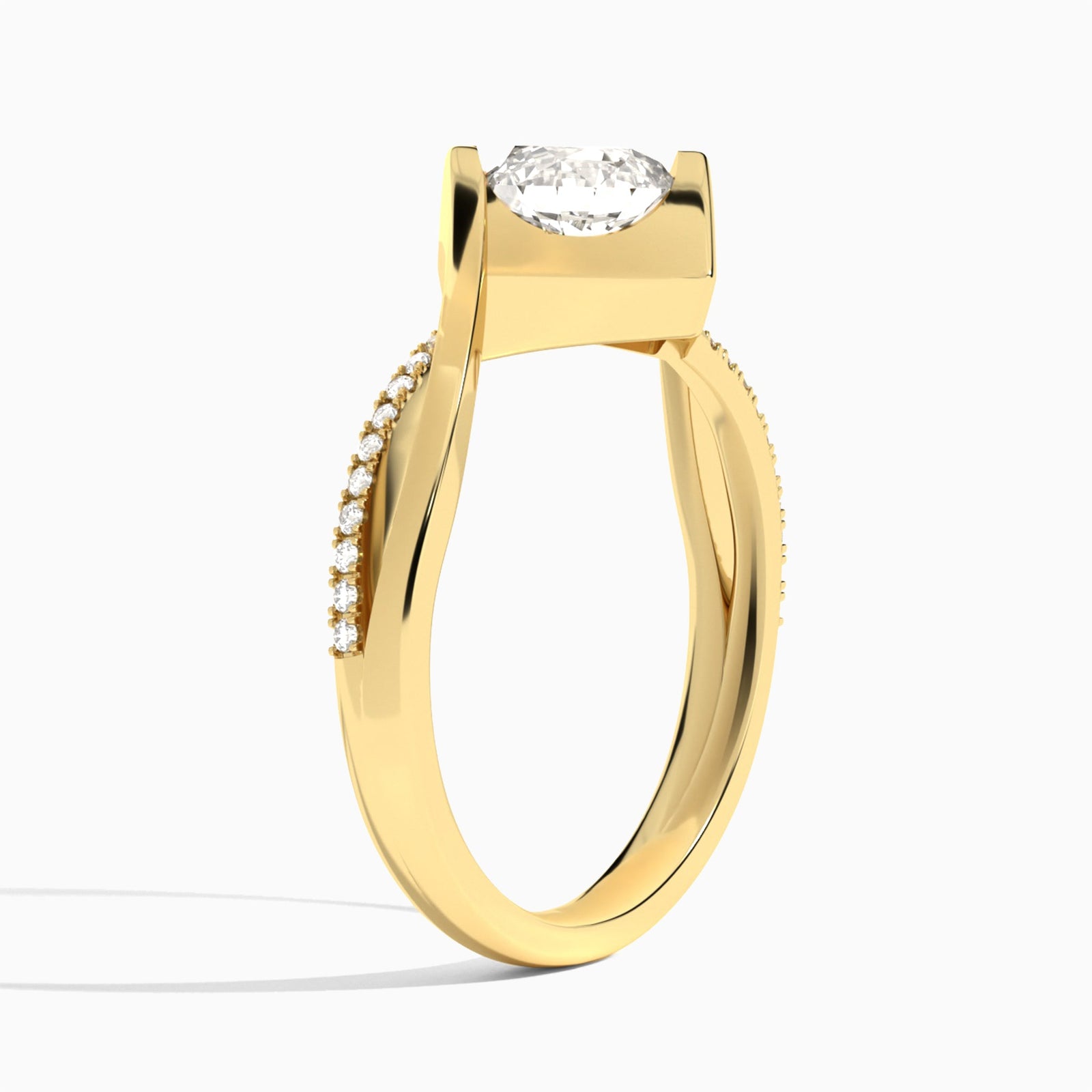 Round Twirled Embrace Lab Diamond Engagement Ring In 18K Yellow Gold, Angle View