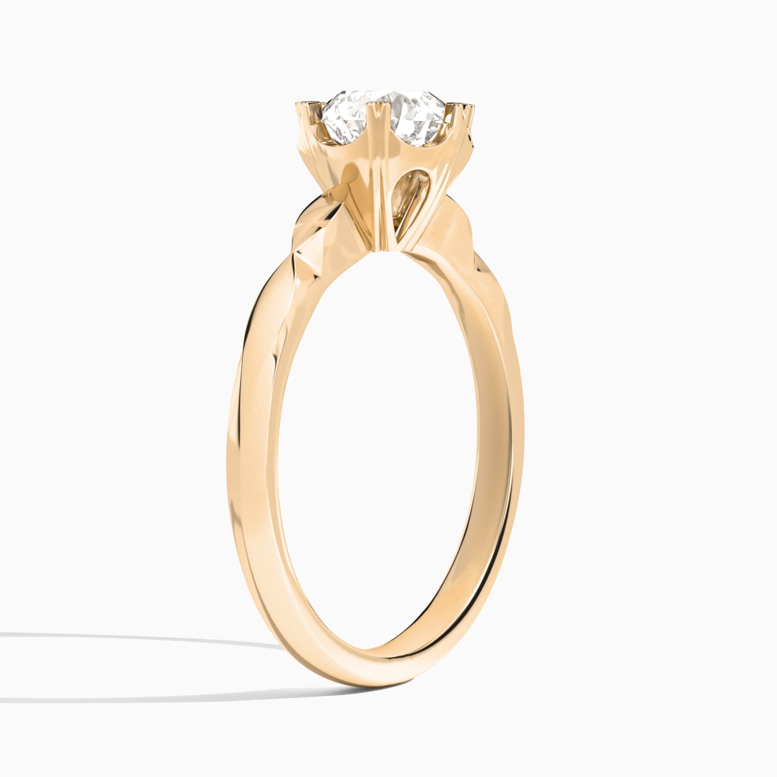 Round Faceted Six-Prong Lab Diamond Engagement Ring In 14K Rose Gold, Angle View
