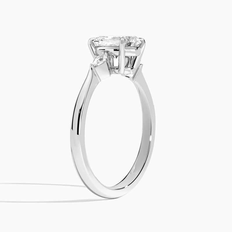 Emerald Three Stone Lab Diamond Engagement Ring In 14K White Gold, Angle View
