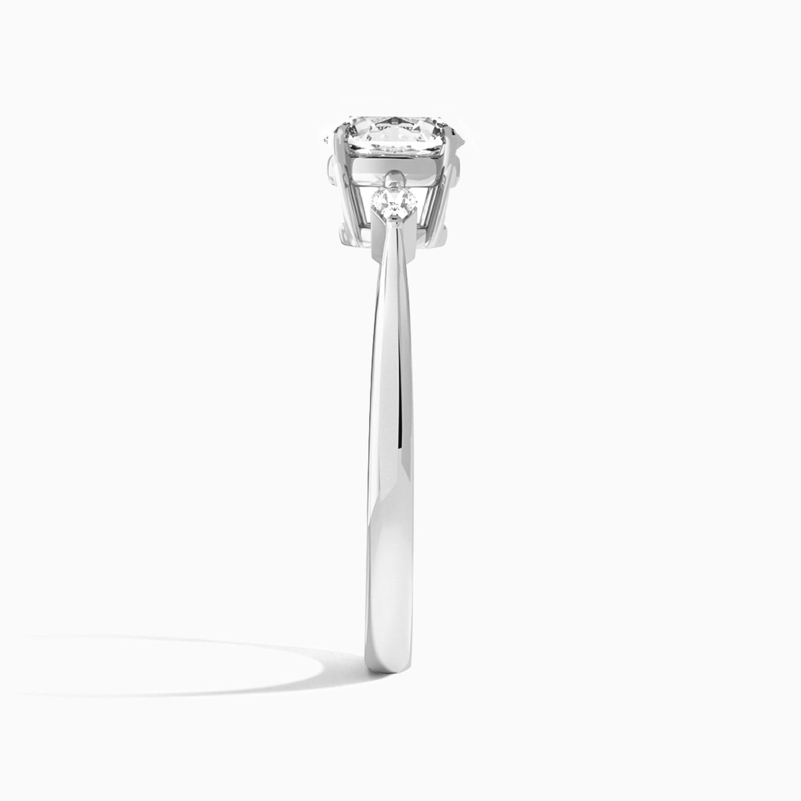Round Three Stone Lab Diamond Engagement Ring In 18K White Gold, Side View