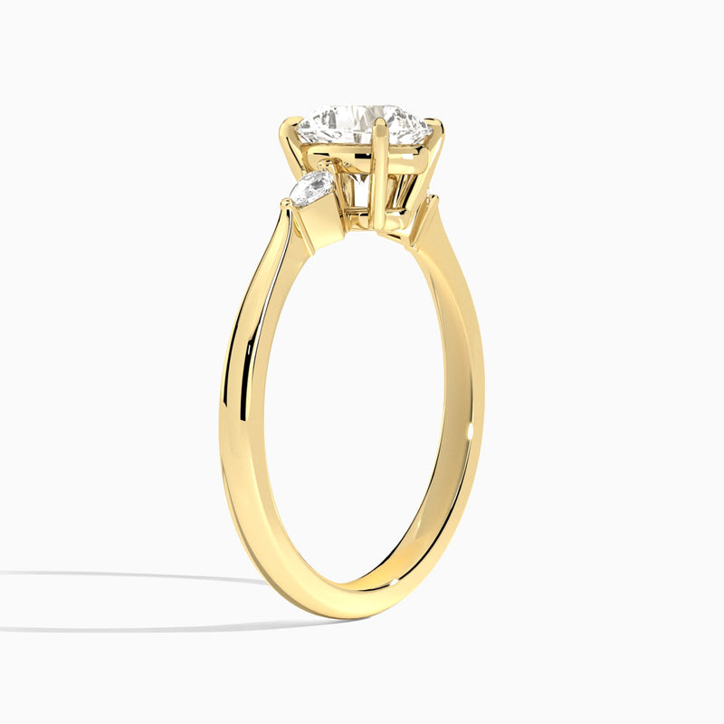 Cushion Three Stone Lab Diamond Engagement Ring In 14K Yellow Gold, Angle View