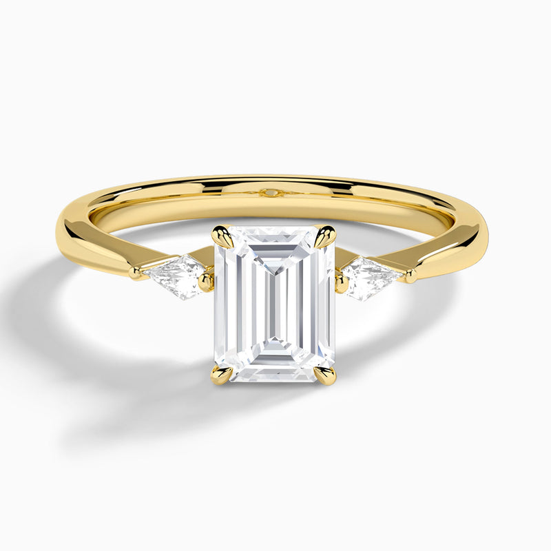 Emerald Three Stone Lab Diamond Engagement Ring In 14K Yellow Gold - Lucenjuri