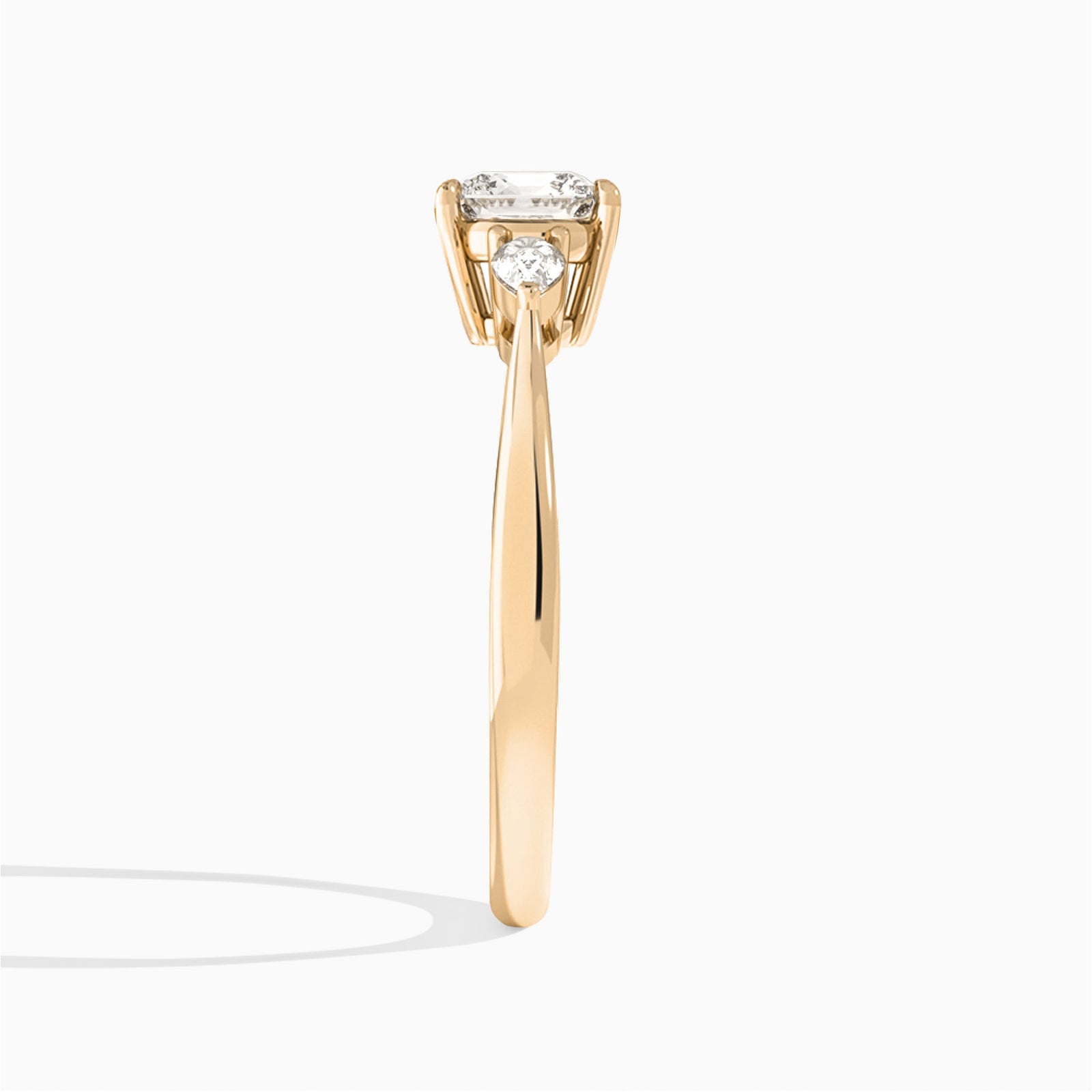 Cushion Couture Three Stone Lab Diamond Engagement Ring In 14K Rose Gold, Side View