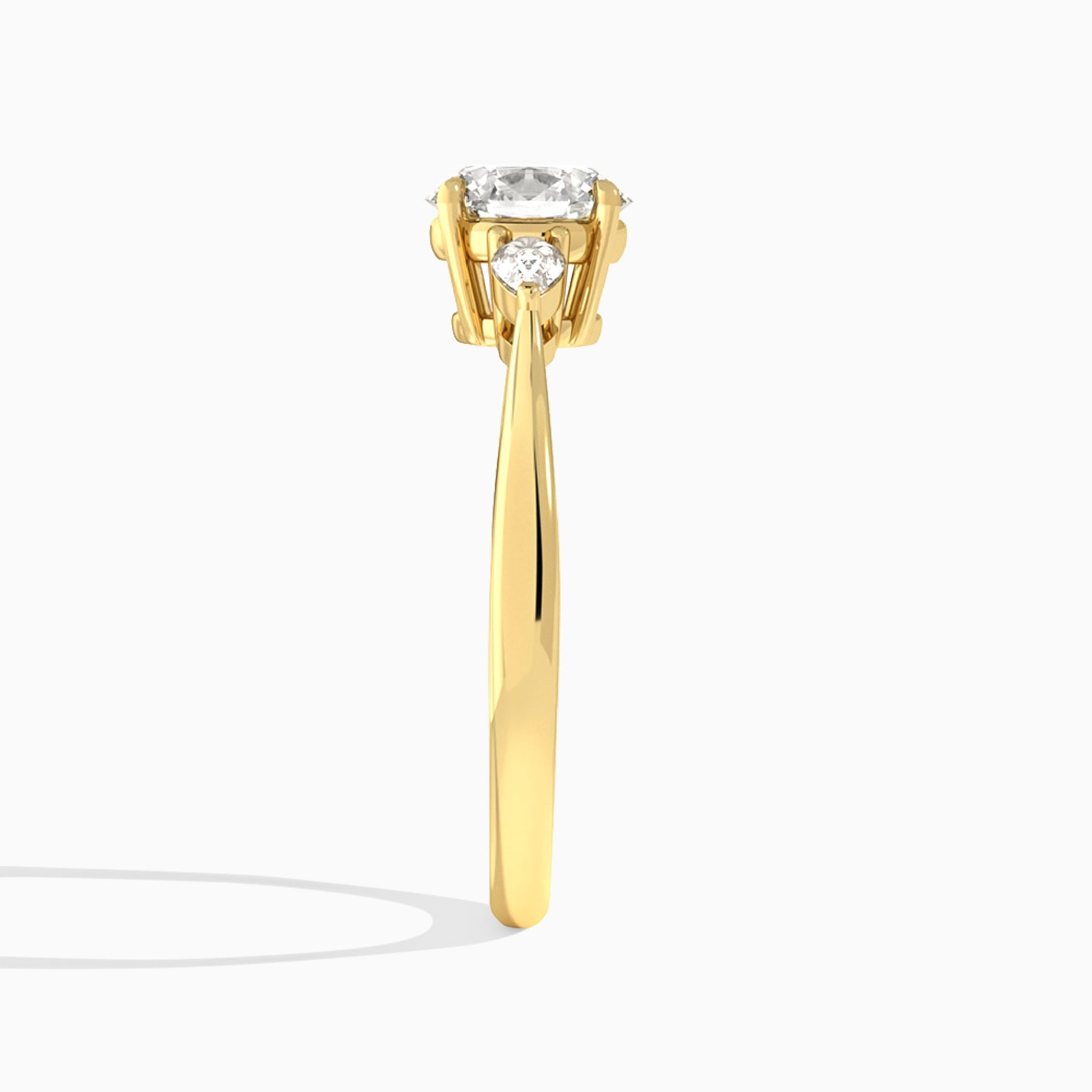 Round Couture Three Stone Lab Diamond Engagement Ring In 14K Yellow Gold, Side View