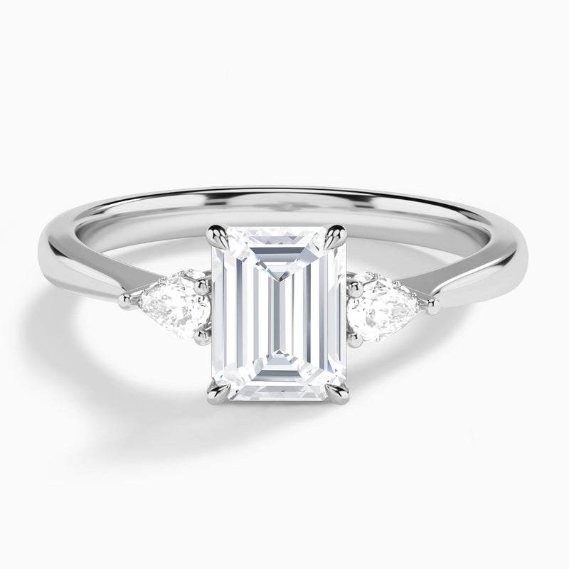 Emerald Adorned Couture Three Stone Lab Diamond Engagement Ring In 14K White Gold - Lucenjuri