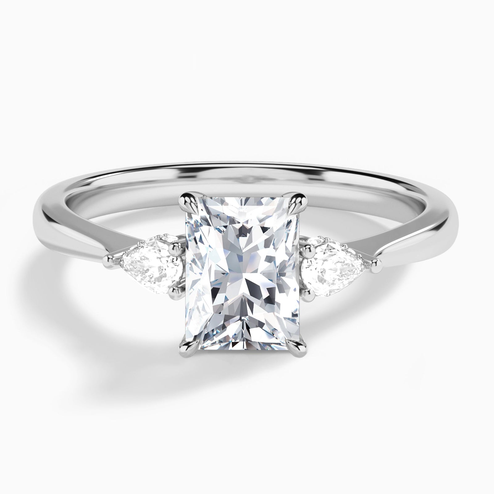 Radiant Adorned Couture Three Stone Lab Diamond Engagement Ring In 14K White Gold - Lucenjuri