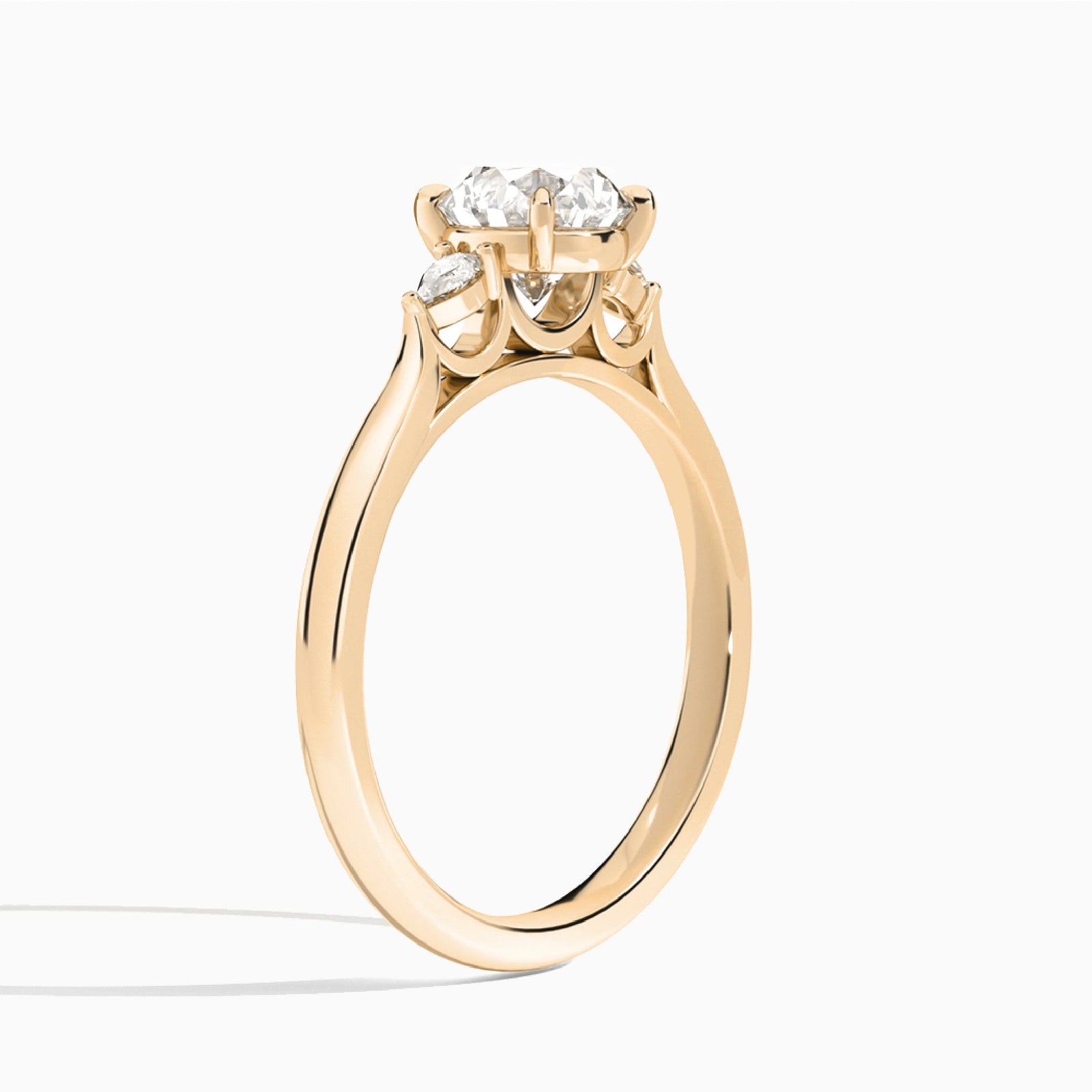 Round Perfect Fit Three Stone Lab Diamond Engagement Ring In 14K Rose Gold, Angle View