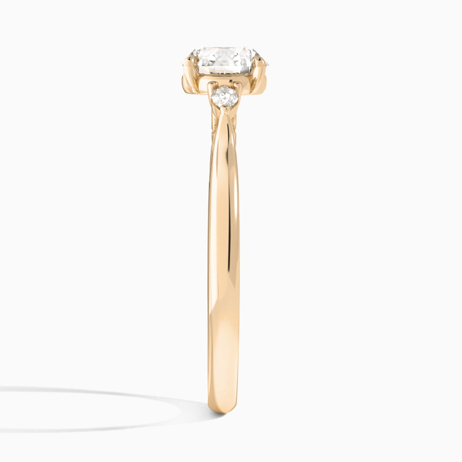 Round Perfect Fit Three Stone Lab Diamond Engagement Ring In 14K Rose Gold, Side View