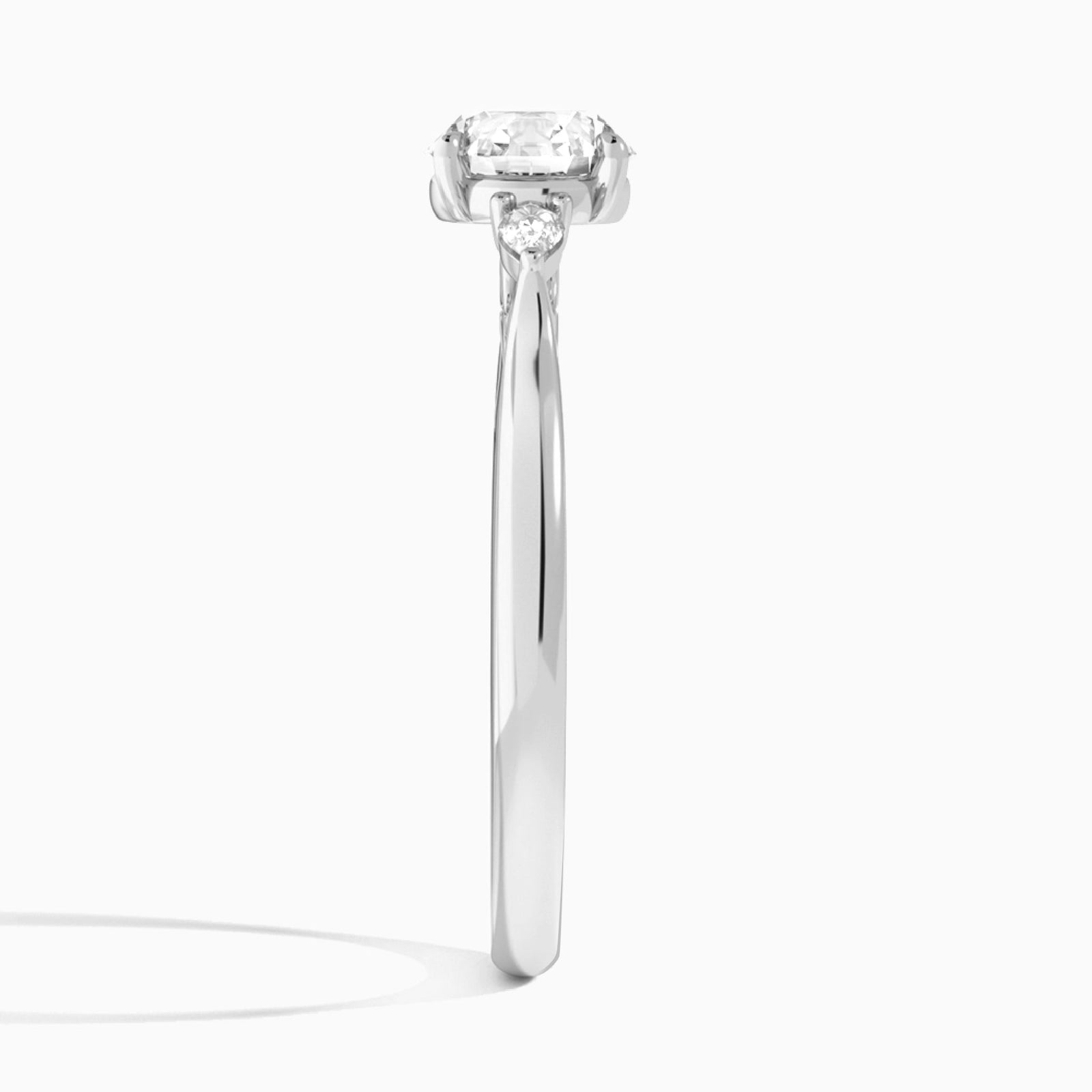 Round Perfect Fit Three Stone Lab Diamond Engagement Ring In 14K White Gold, Side View