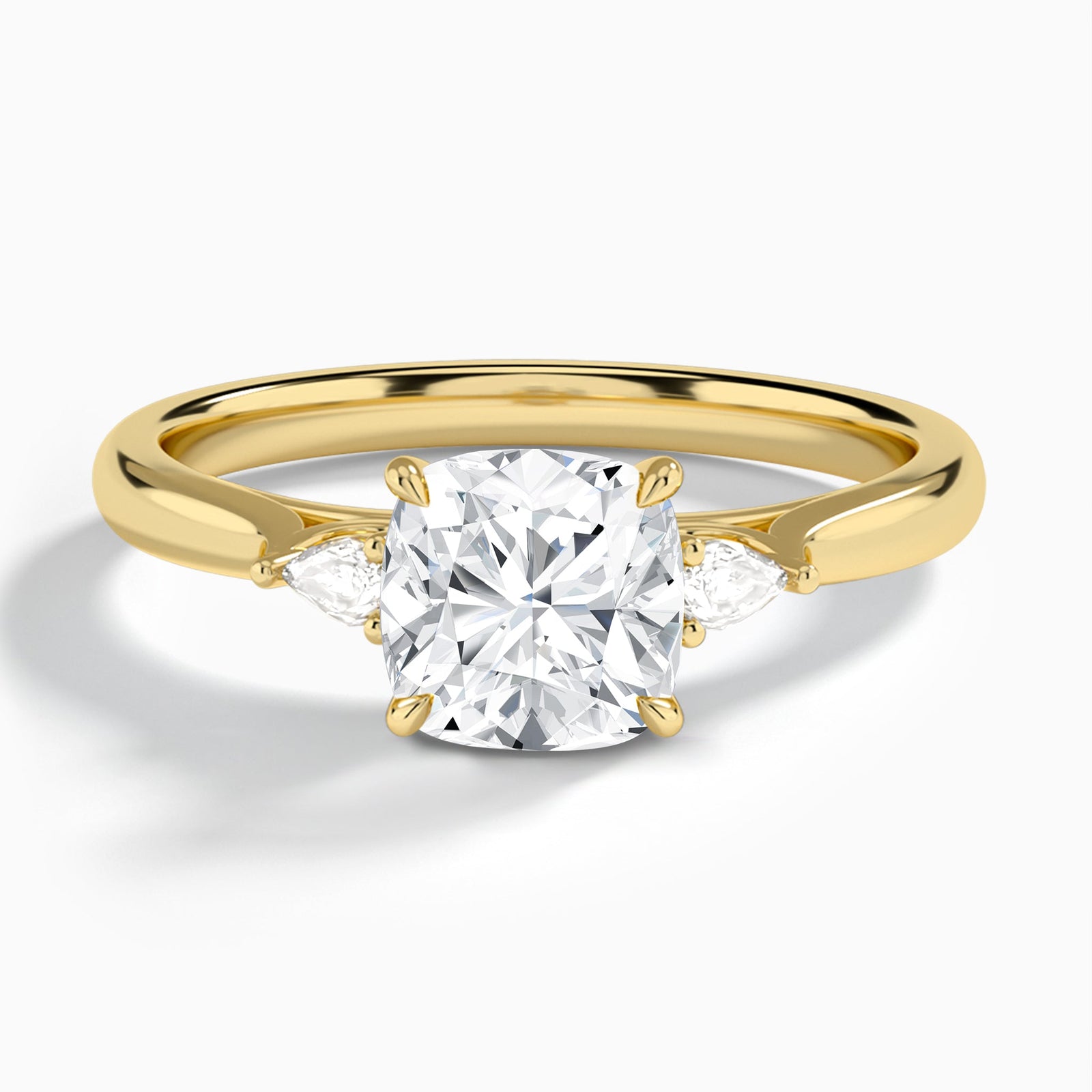 Cushion Perfect Fit Three Stone Lab Diamond Engagement Ring In 14K Yellow Gold - Lucenjuri